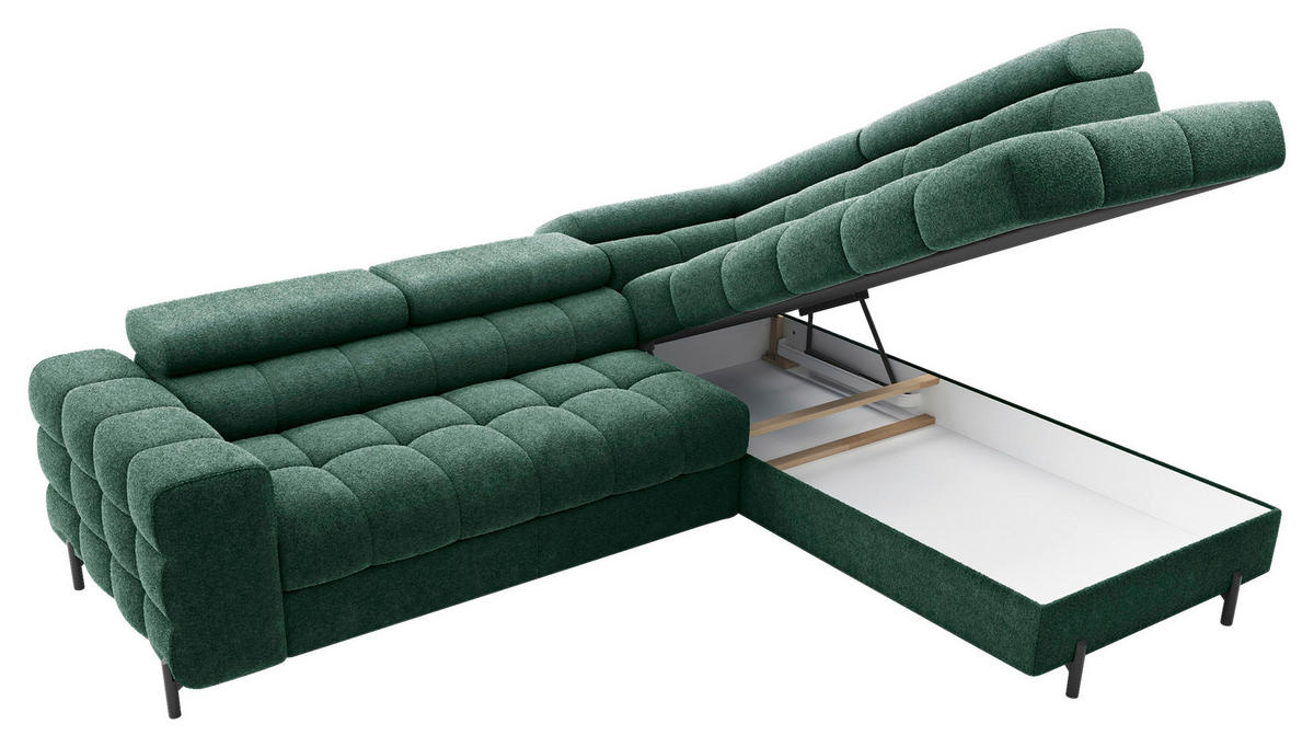 ECKSOFA FERUCCE Dunkelgrün Teddystoff Bettkasten, Kopfteilverstellung  - Dunkelgrün/Schwarz, Design, Textil/Metall (276/200cm) - MID.YOU