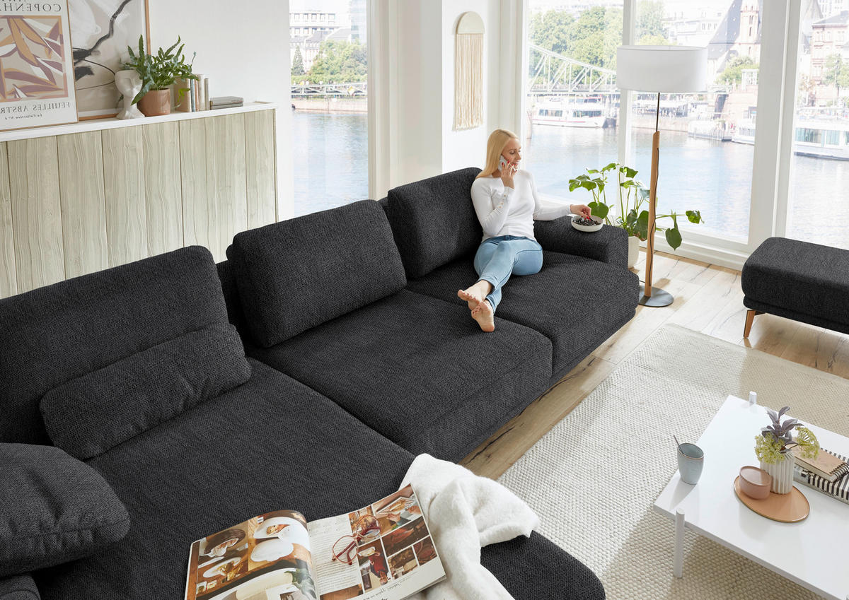 ECKSOFA in Flachgewebe Schwarz  - Wildeiche/Schwarz, Design, Holz/Textil (193/334cm) - Niels Andersson