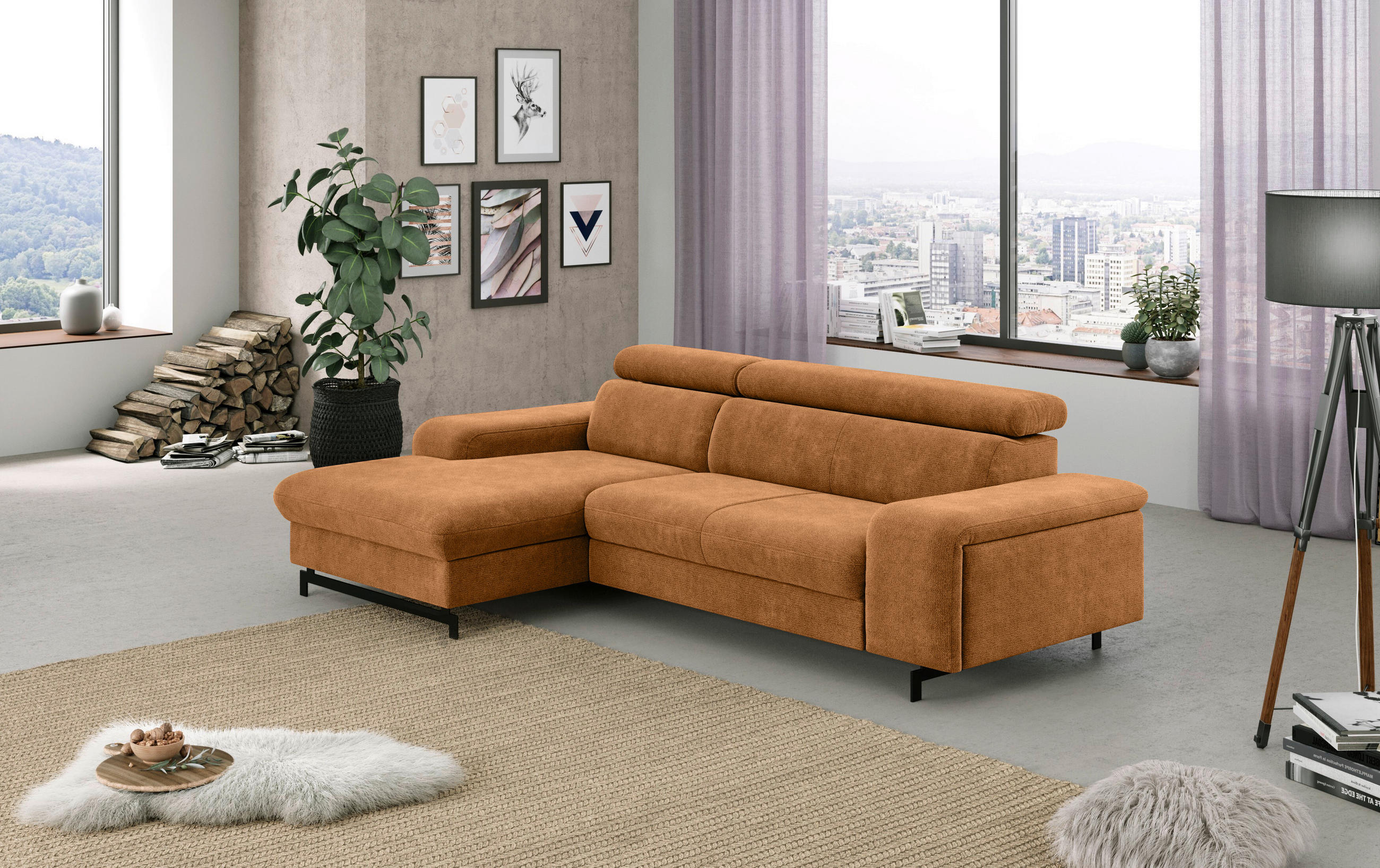 Ecksofa mit Bettkasten Emma in Chenille Cognac  - Cognac/Schwarz, Textil/Metall (165/267cm) - MID.YOU