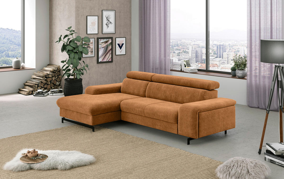 Ecksofa mit Bettkasten Emma in Chenille Cognac  - Cognac/Schwarz, Textil/Metall (165/267cm) - MID.YOU