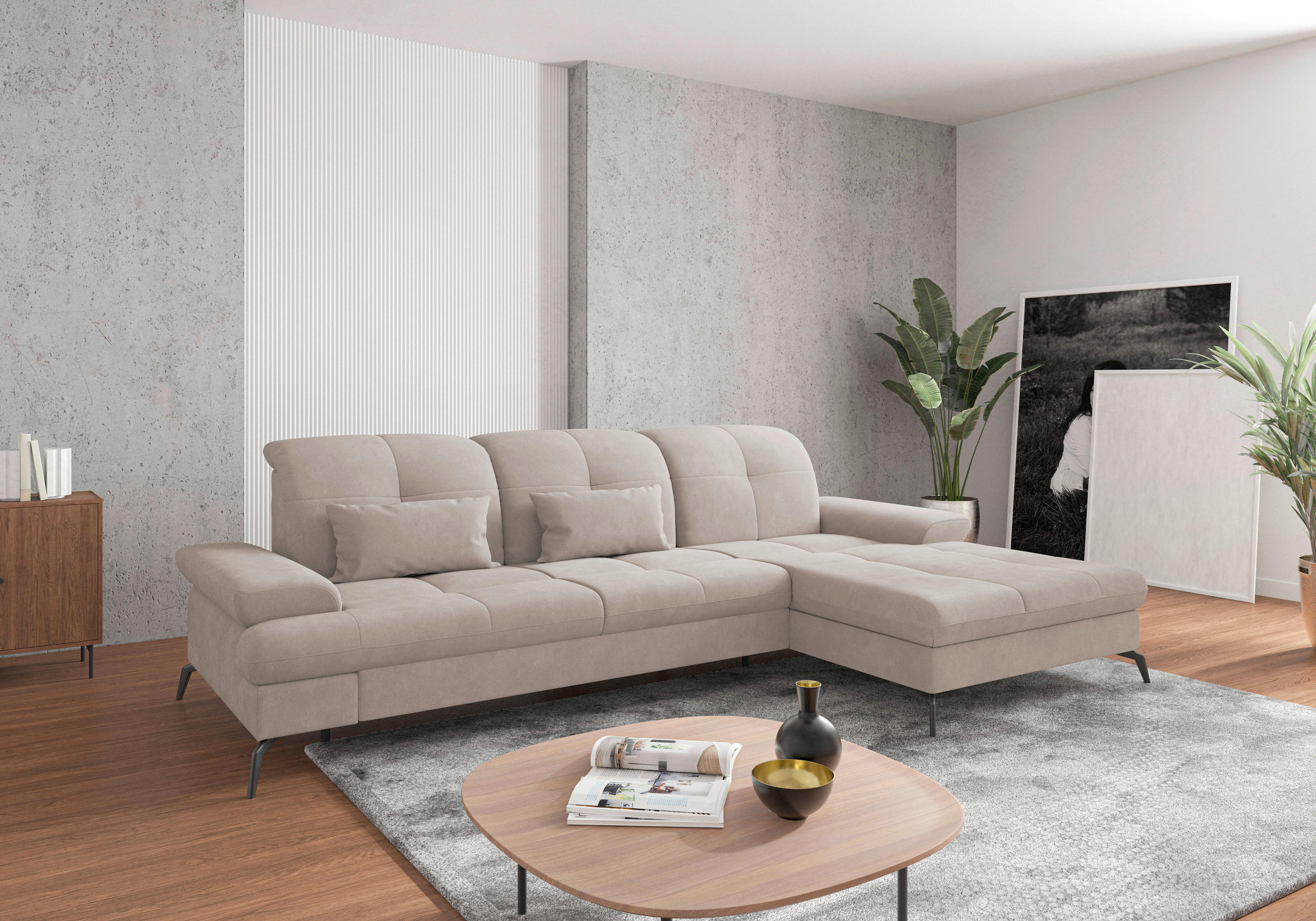 ECKSOFA Greige Flachgewebe  - Greige/Schwarz, KONVENTIONELL, Textil/Metall (279/185cm) - Sit & More