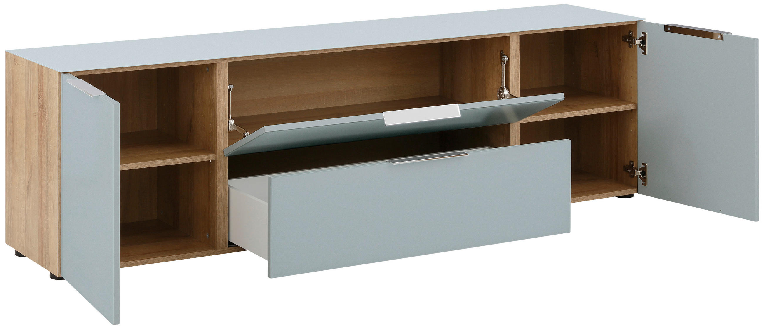 LOWBOARD Grau, Eichefarben - Eichefarben/Schwarz, Design, Glas/Holzwerkstoff (180,4/53,9/40cm)