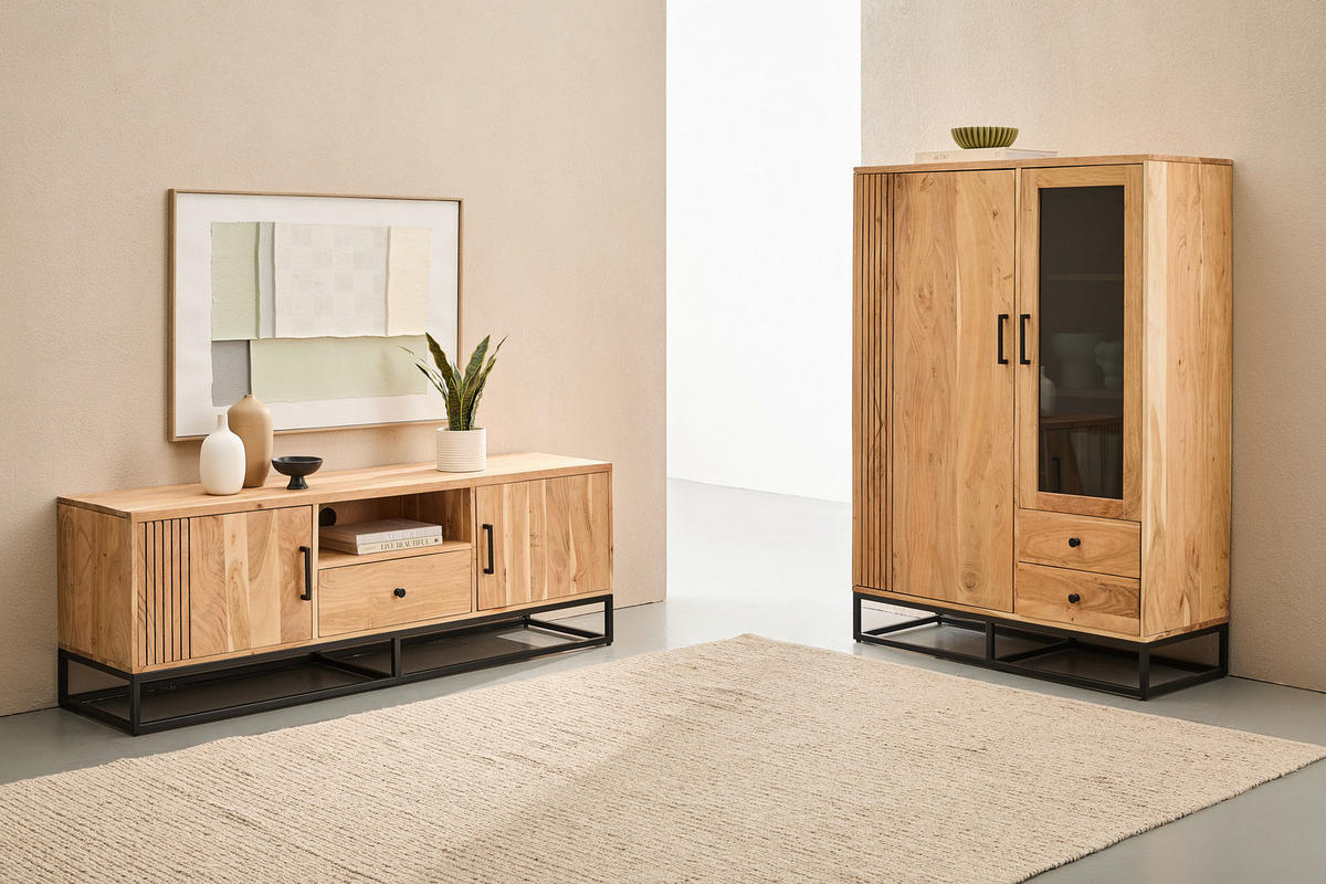 HIGHBOARD  105/146/41,5 cm 2 Schublade(n)  - Schwarz/Naturfarben, Design, Glas/Holz (105/146/41,5cm) - Livetastic