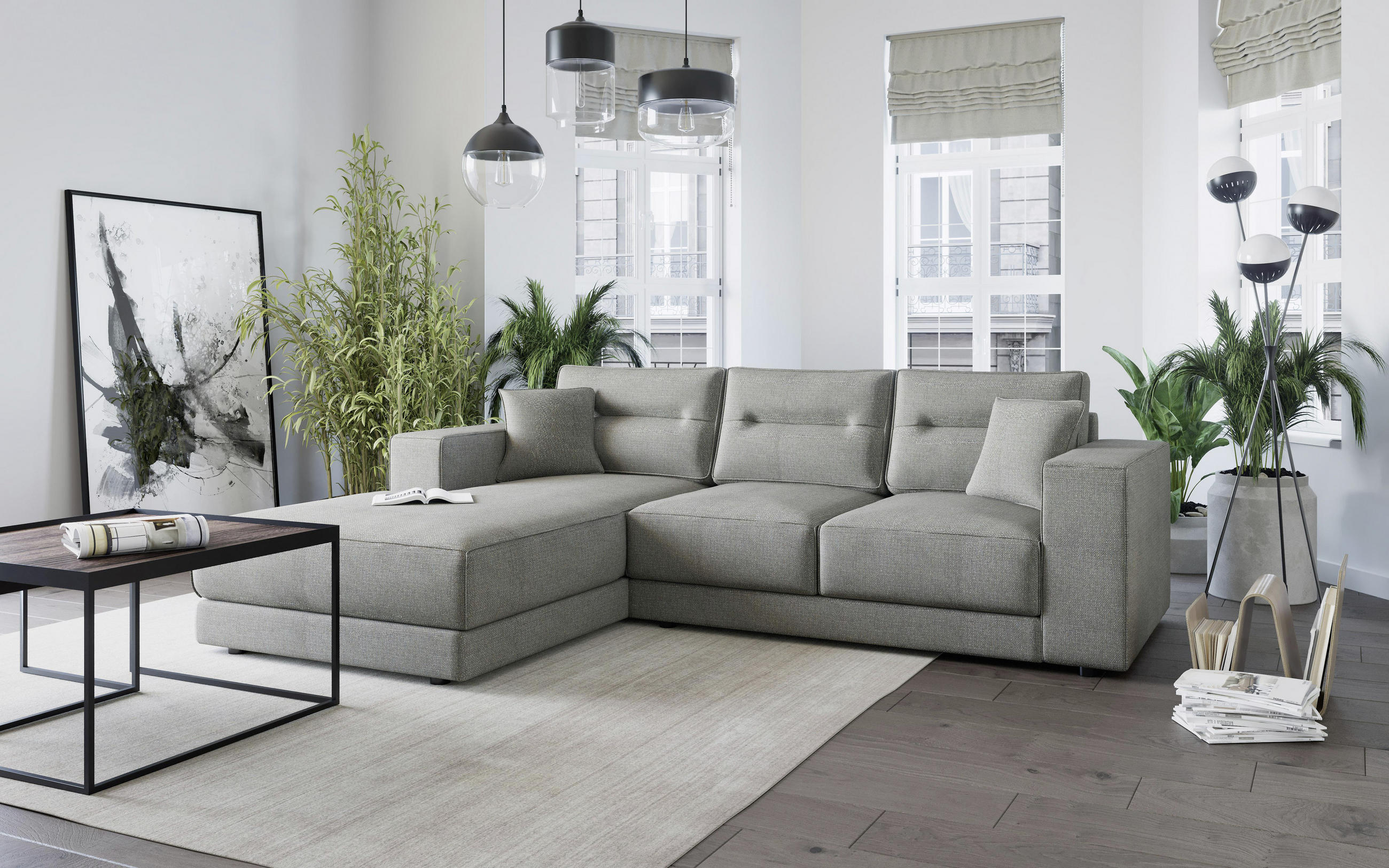 ECKSOFA Verona Hellgrau Flachgewebe  - Hellbraun/Edelstahlfarben, Design, Kunststoff/Textil (195/272cm) - Livetastic
