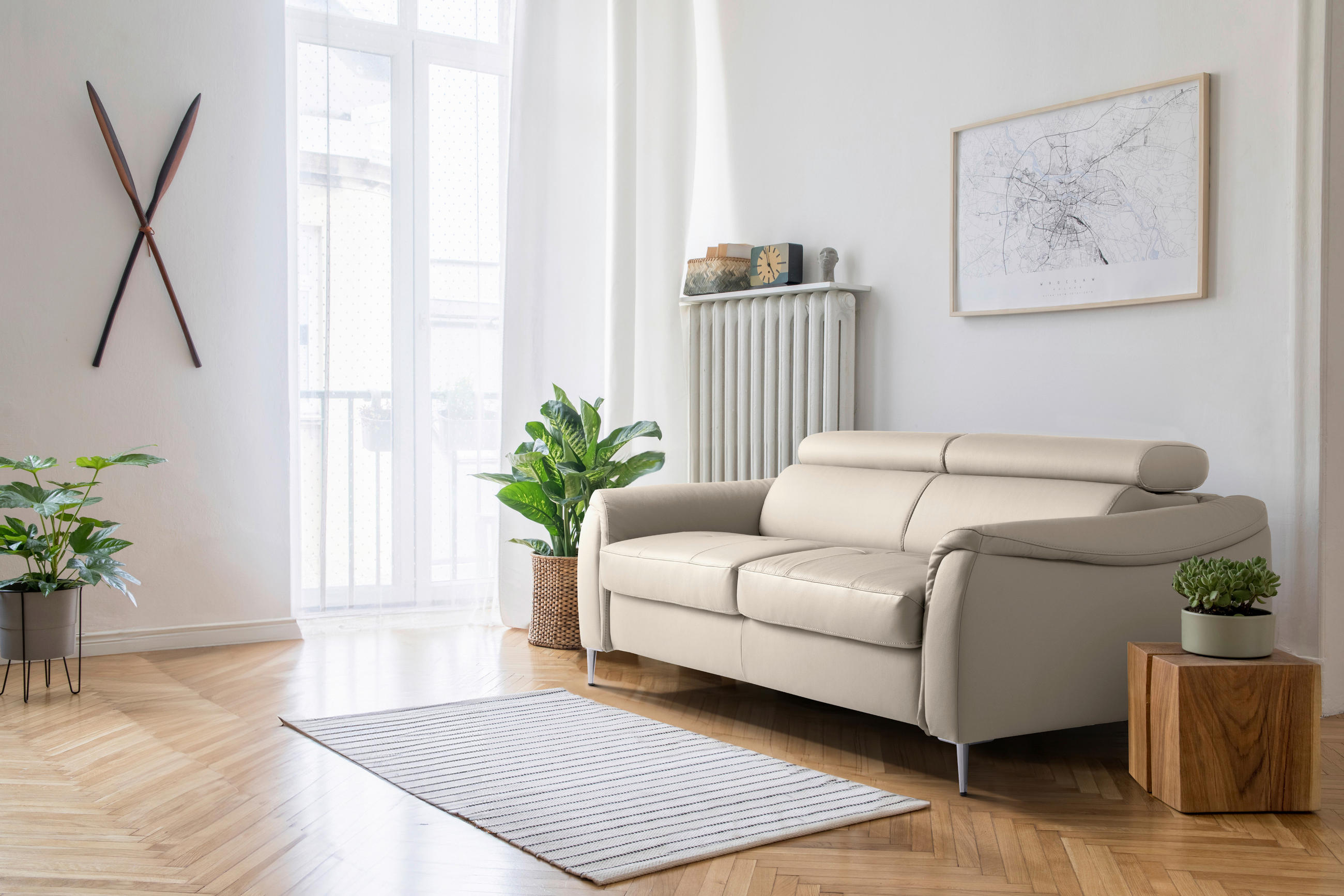 SCHLAFSOFA Beige Echtleder Lederlook  - Beige, Design, Leder/Textil (203/77-98/103cm) - MID.YOU