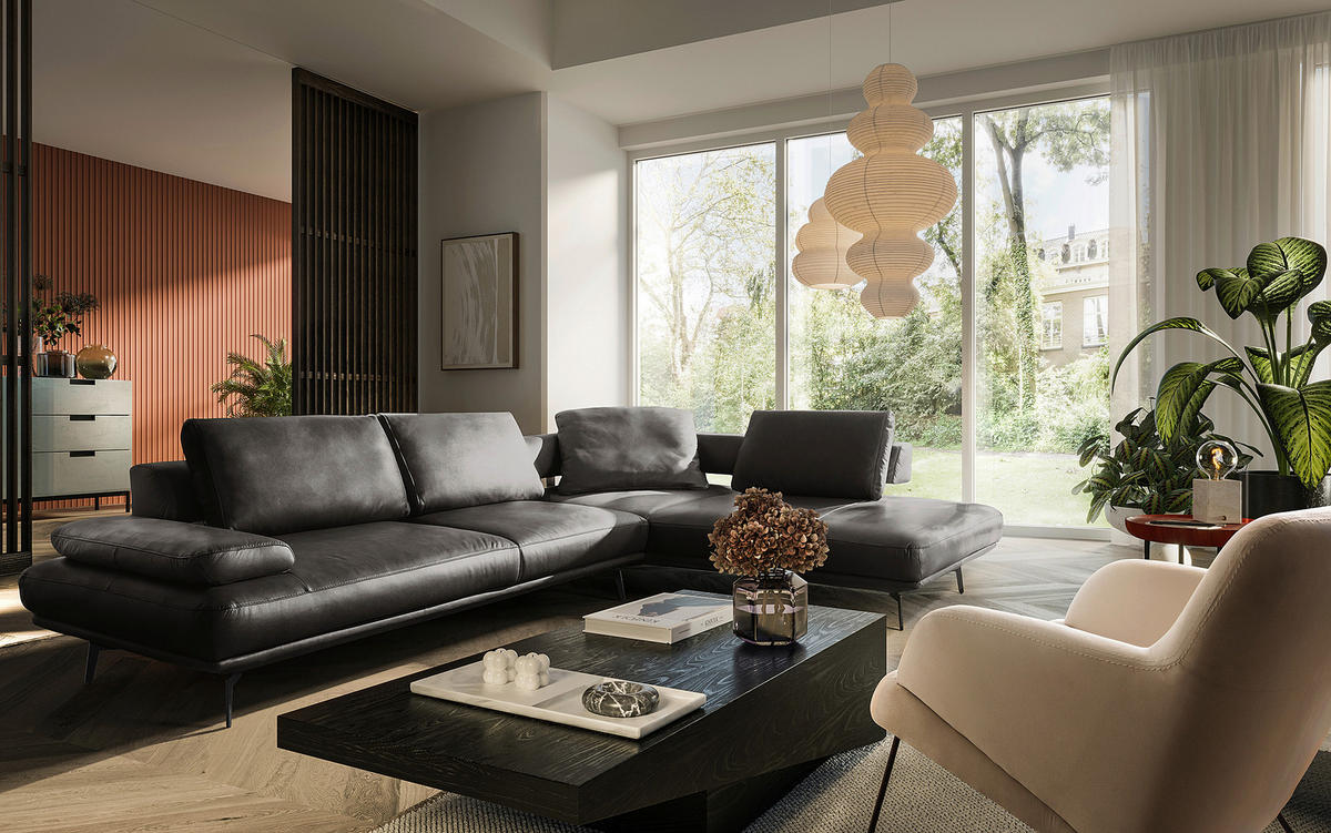 ECKSOFA  in Echtleder Anthrazit  306/237 cm  - Anthrazit/Schwarz, Design, Leder/Metall (306/237cm) - Livetastic