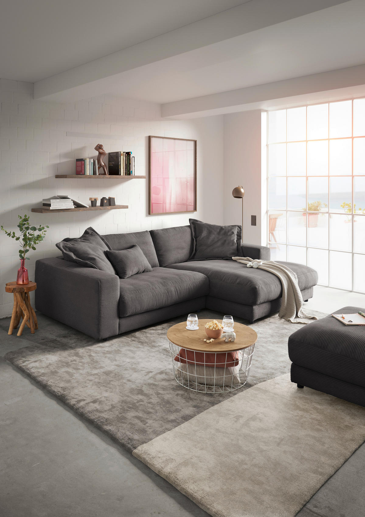 ECKSOFA in Cord Dunkelgrau  - Dunkelgrau/Schwarz, Design, Kunststoff/Textil (270/190cm) - Lomoco