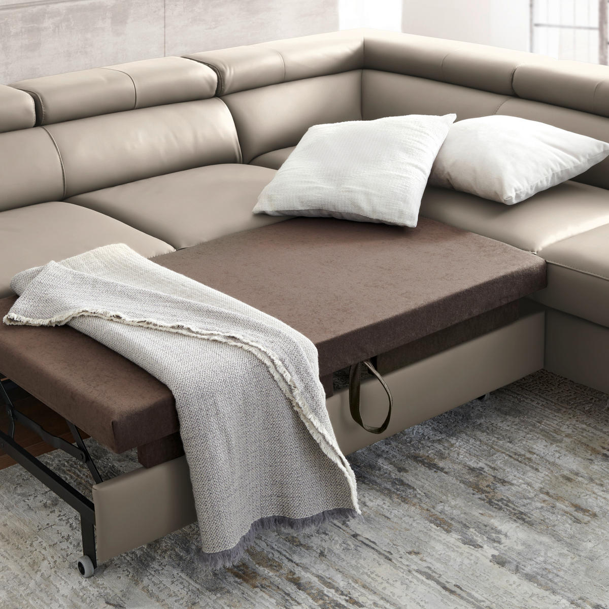 SAROKKANAPÉ textil, bőr szürkésbézs  - fekete/szürkésbézs, Design, bőr/textil (256/220cm) - Celina Home