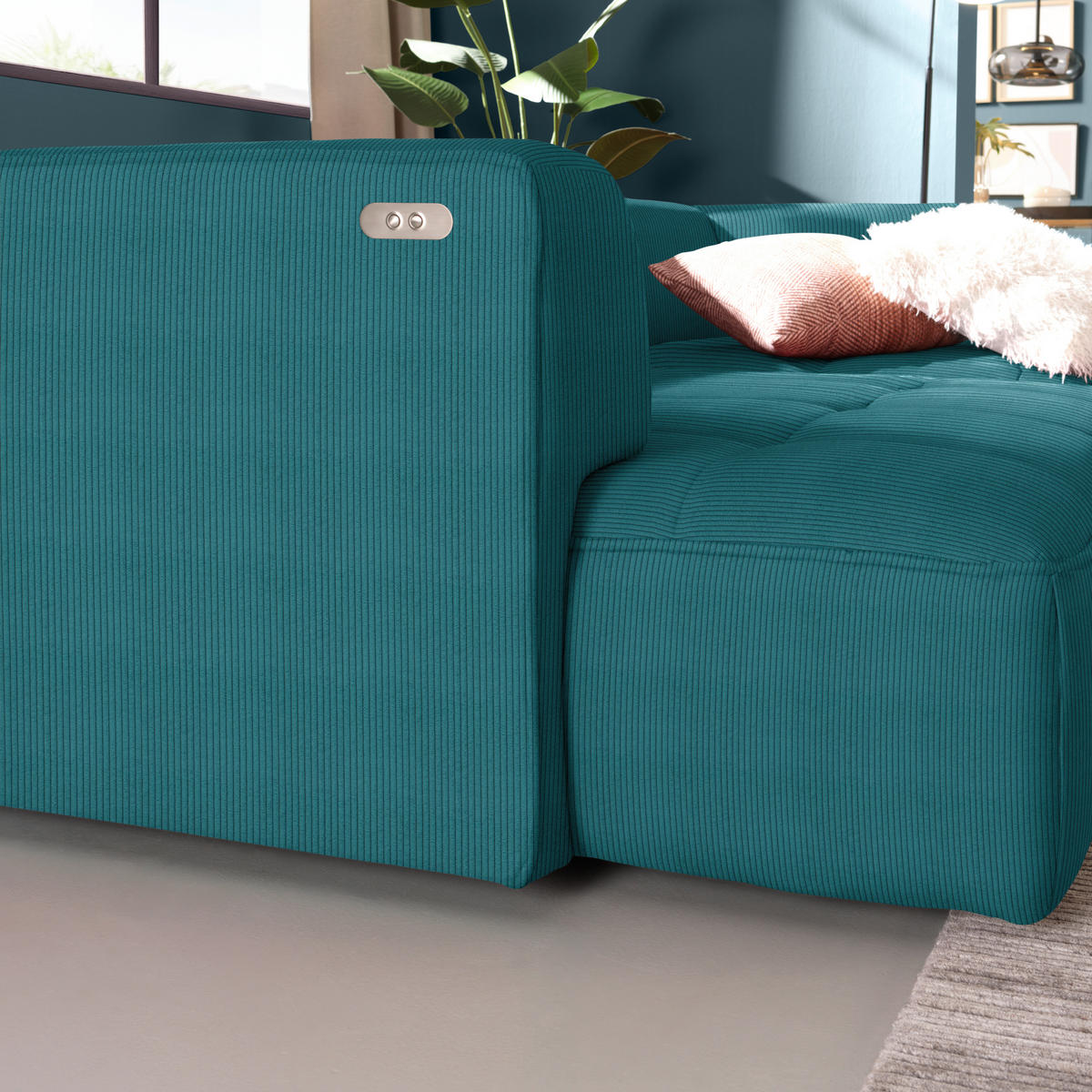 ECKSOFA Feincord Petrol  - Petrol/Schwarz, Design, Kunststoff/Textil (288/188cm) - Welnova