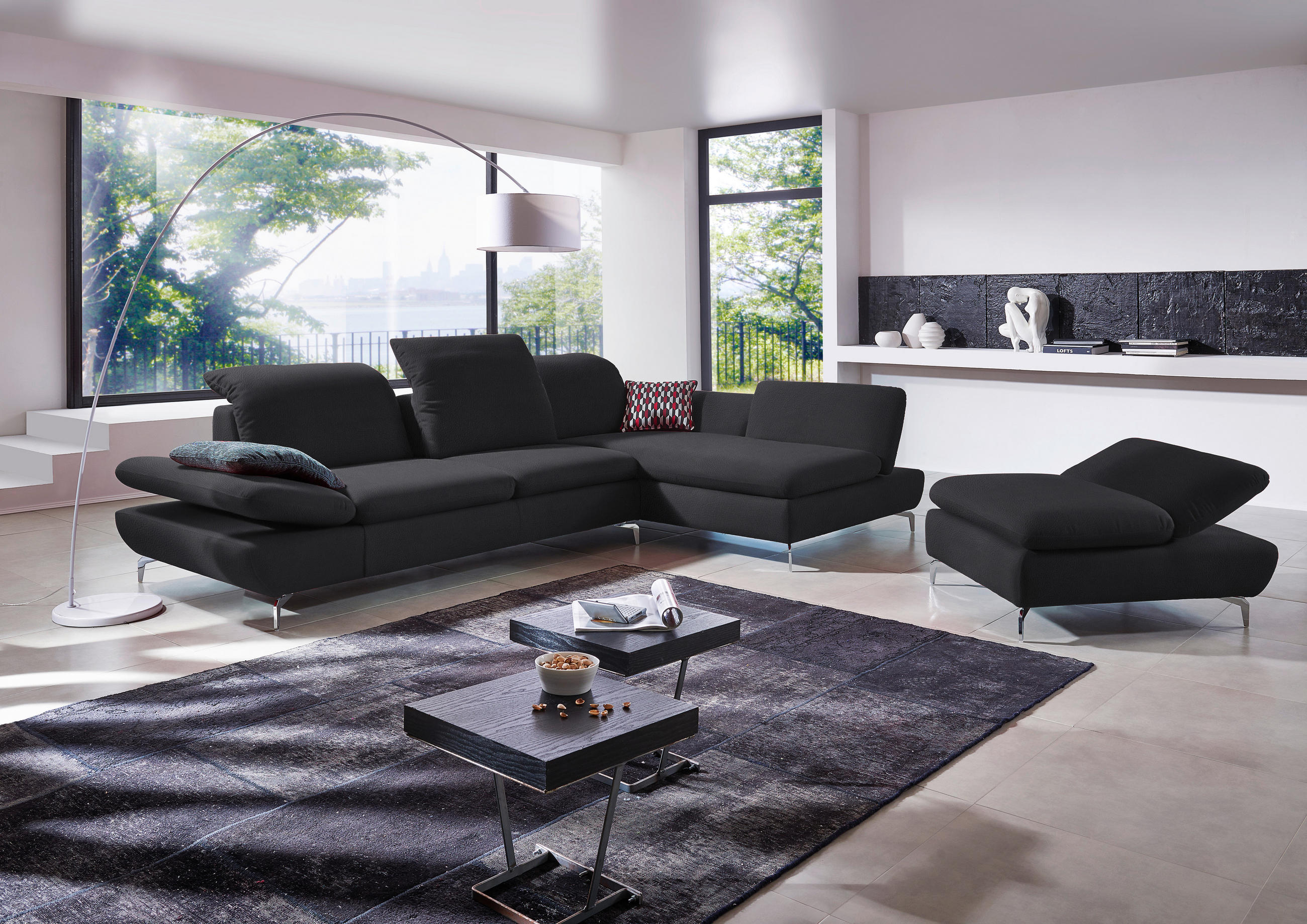 ECKSOFA in Echtleder Schwarz  - Silberfarben/Schwarz, Design, Leder/Metall (315/200cm) - Chilliano