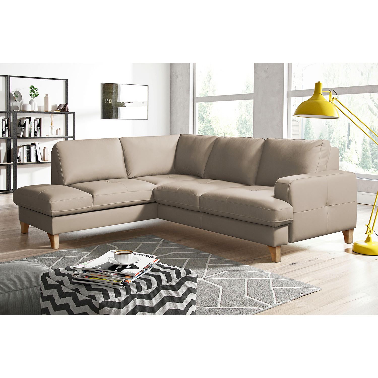 ECKSOFA Hellgrau Echtleder Lederlook  - Buchefarben/Hellgrau, Design, Leder/Holz (234/190cm) - Livetastic