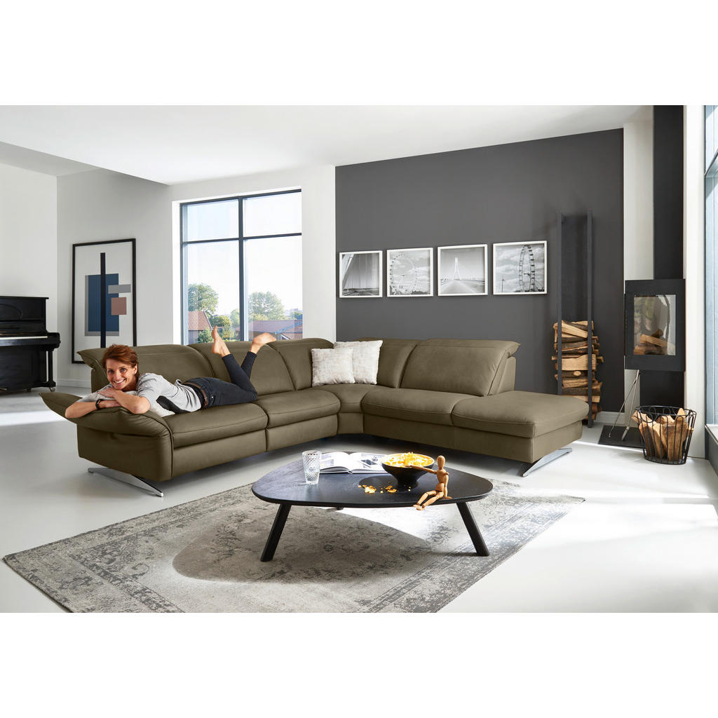 Thumbnail - Hukla Ecksofa Valdera, Mokka, Leder, Echtleder, Semi-Anilinleder, 4-Sitzer, Ottomane rechts, Eckteil, L-Form, 292x258 cm...