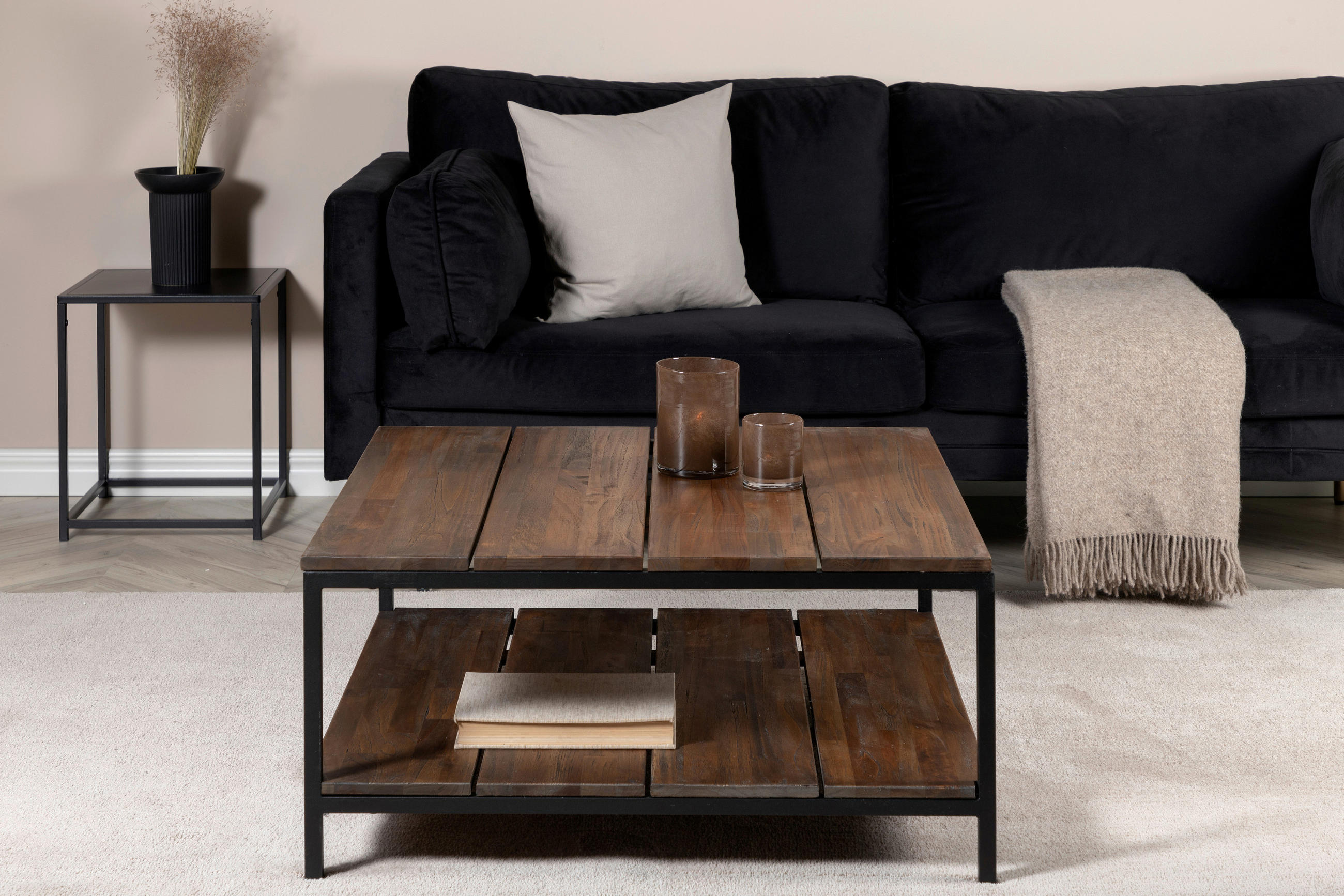 COUCHTISCH Teakholz massiv 80/80/40 cm quadratisch Braun, Schwarz  - Schwarz/Braun, Design, Holz/Metall (80/80/40cm) - Livetastic