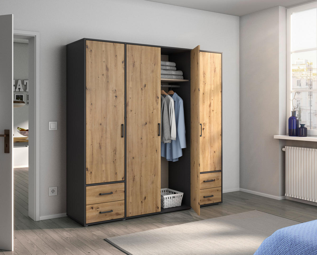 DREHTÜRENSCHRANK 187/194/53 cm 4-türig Grau, Eiche Artisan  - Eiche Artisan/Grau, MODERN, Holzwerkstoff/Kunststoff (187/194/53cm) - Rauch Möbel