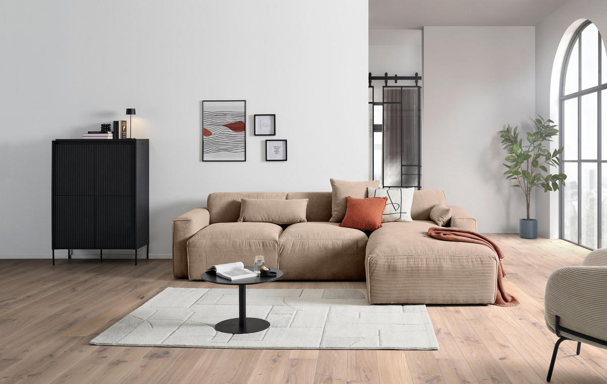 ECKSOFA Hellbraun Cord  - Hellbraun/Schwarz, Design, Kunststoff/Textil (303/196cm) - Livetastic
