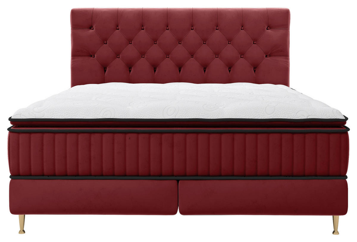 BOXSPRINGBETT 180/200 cm,  in Bordeaux, Matratze, gepolstertes Kopfteil, Topper,  - Bordeaux/Goldfarben, Design, Textil/Metall (180/200cm) - Boxxx