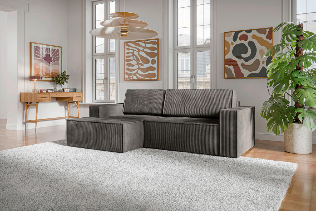 ECKSOFA inkl. Funktionen Anthrazit Cord  - Anthrazit/Schwarz, MODERN, Kunststoff/Textil (149/245cm) - Stylife