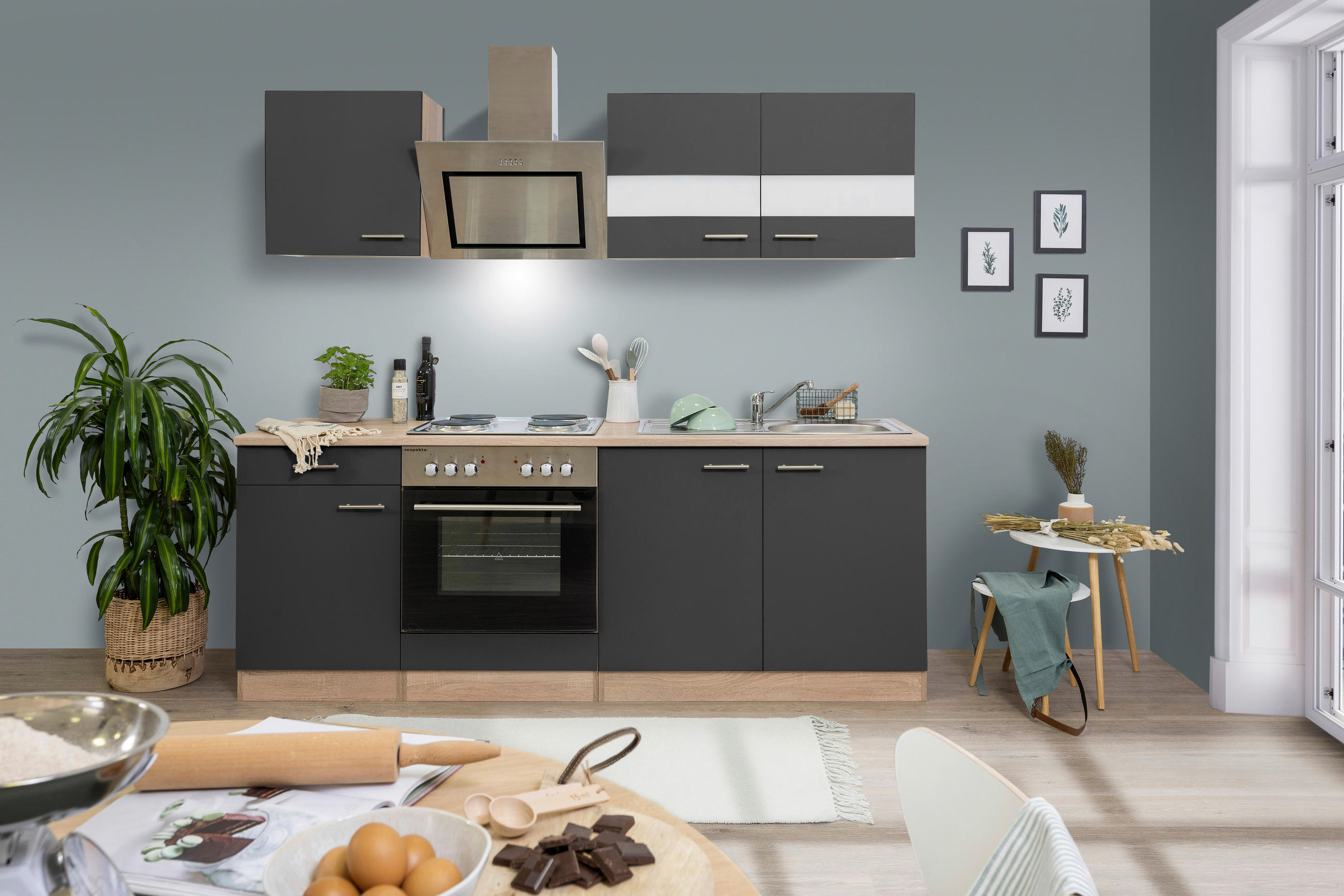 KÜCHENBLOCK 210 cm   in Grau  - Edelstahlfarben/Eichefarben, Basics, Holzwerkstoff/Metall (210cm) - Respekta