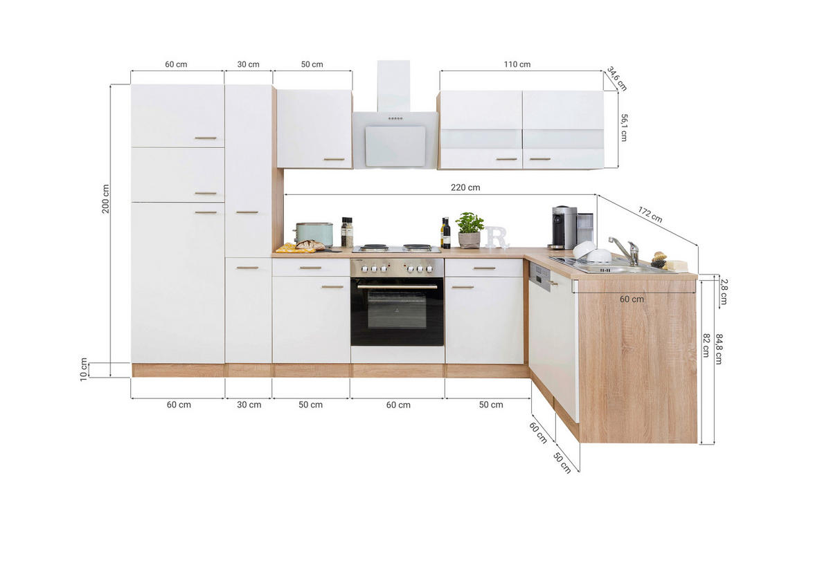 ECKKÜCHE 172/310 cm  in Weiß, Eichefarben  - Chromfarben/Eichefarben, Basics, Glas/Holzwerkstoff (172/310cm) - Respekta