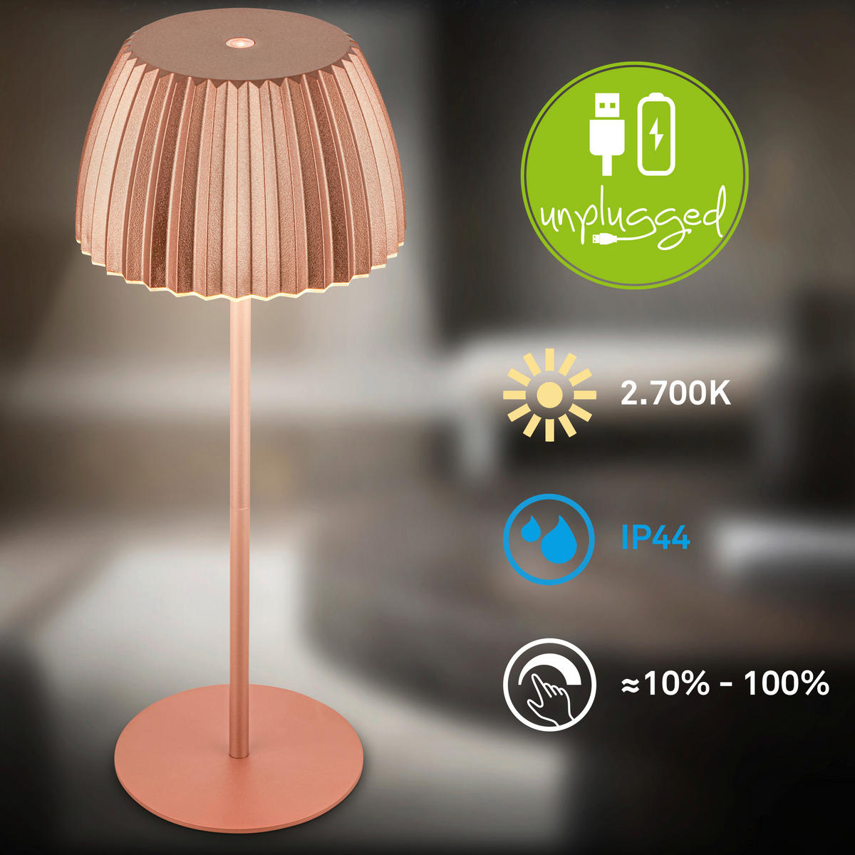 AKKU-TISCHLEUCHTE 14,5/36,5 cm  - Kupferfarben, Basics, Kunststoff/Metall (14,5/36,5cm)