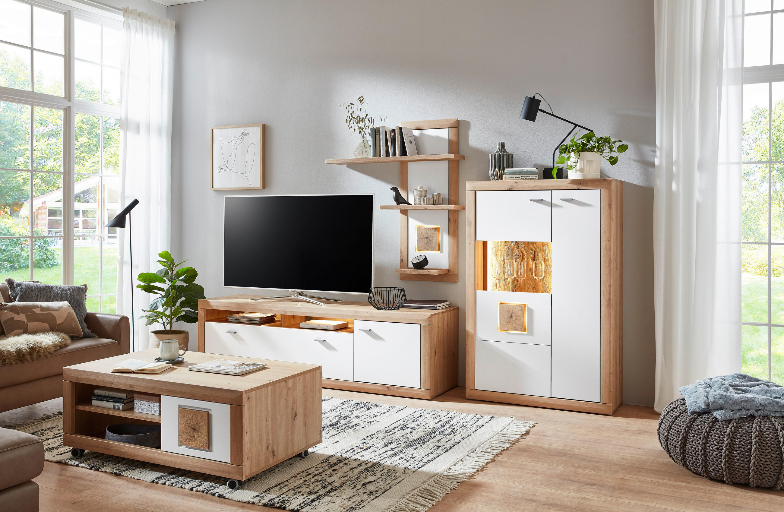 WOHNWAND  in Weiß, Eiche Artisan  295,4/190,9/50,1 cm  - Anthrazit/Weiß, KONVENTIONELL, Glas/Holzwerkstoff (295,4/190,9/50,1cm) - Stylife