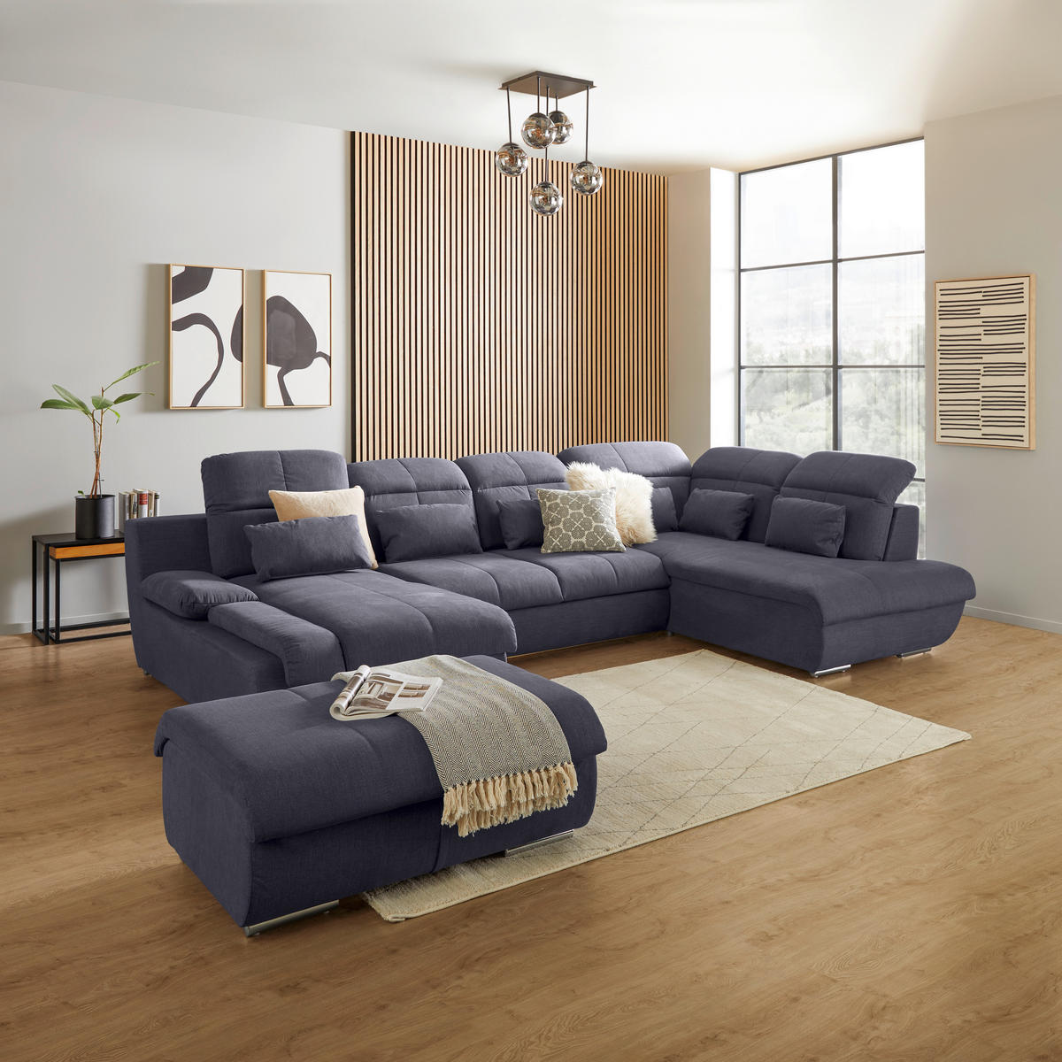 WOHNLANDSCHAFT in Mikrofaser Dunkelblau  - Chromfarben/Dunkelgrau, Modern, Textil/Metall (184/345/228cm) - MID.YOU