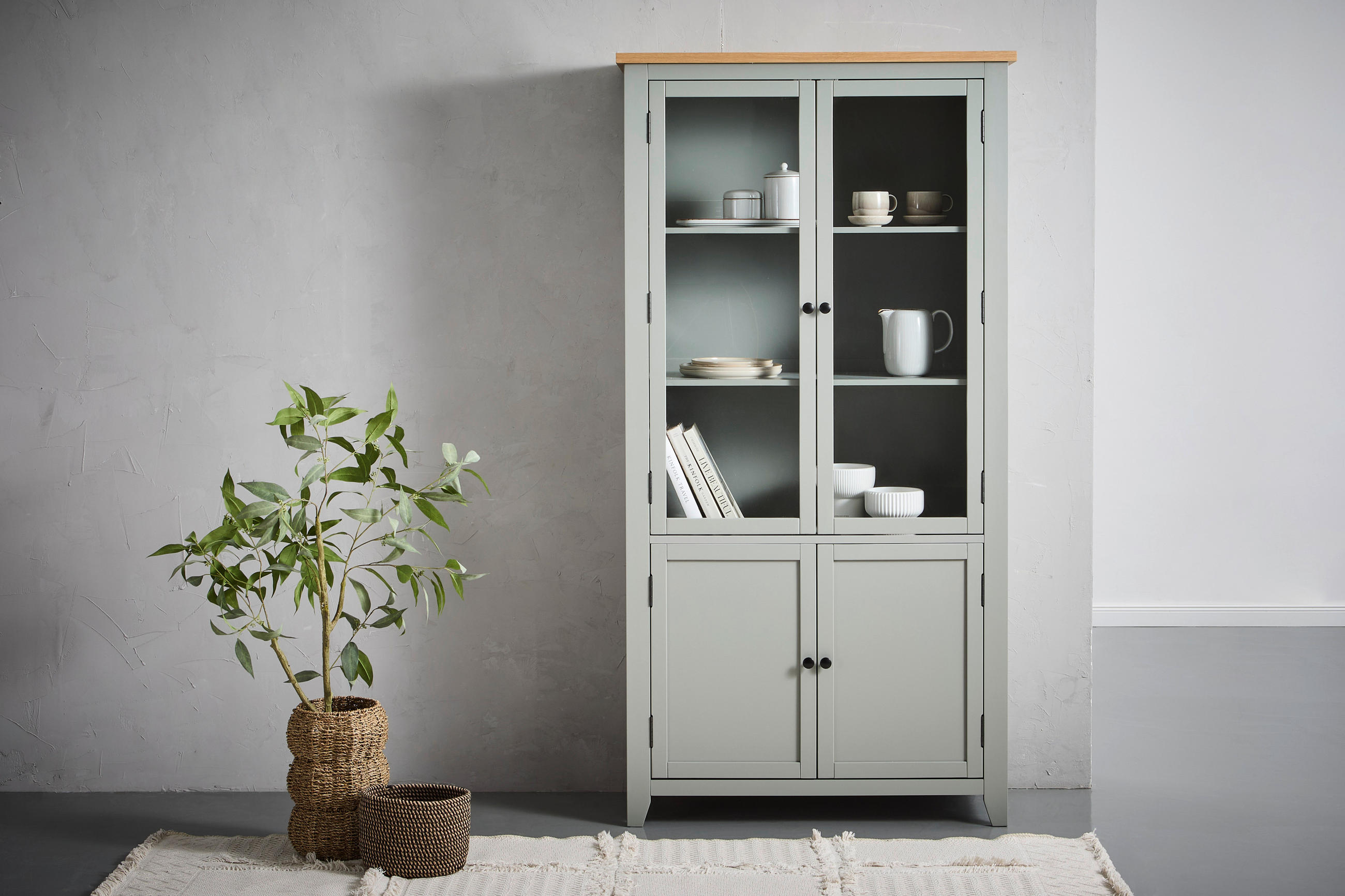 VITRINE in furniert, massiv Eiche, Kiefer Grau, Klar, Naturfarben  - Klar/Silberfarben, LIFESTYLE, Glas/Holz (100/195/43cm) - MID.YOU