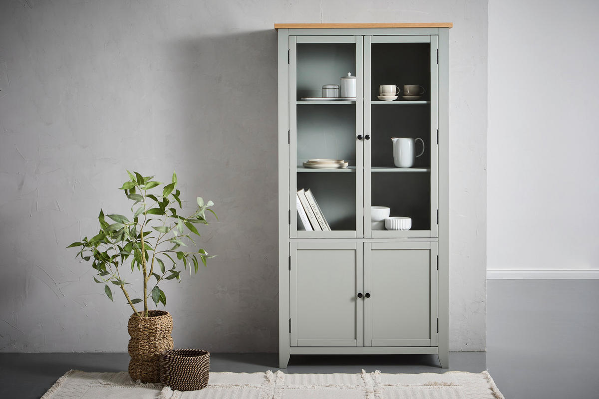 VITRINE in furniert, massiv Eiche, Kiefer Grau, Klar, Naturfarben  - Klar/Silberfarben, Lifestyle, Glas/Holz (100/195/43cm) - MID.YOU