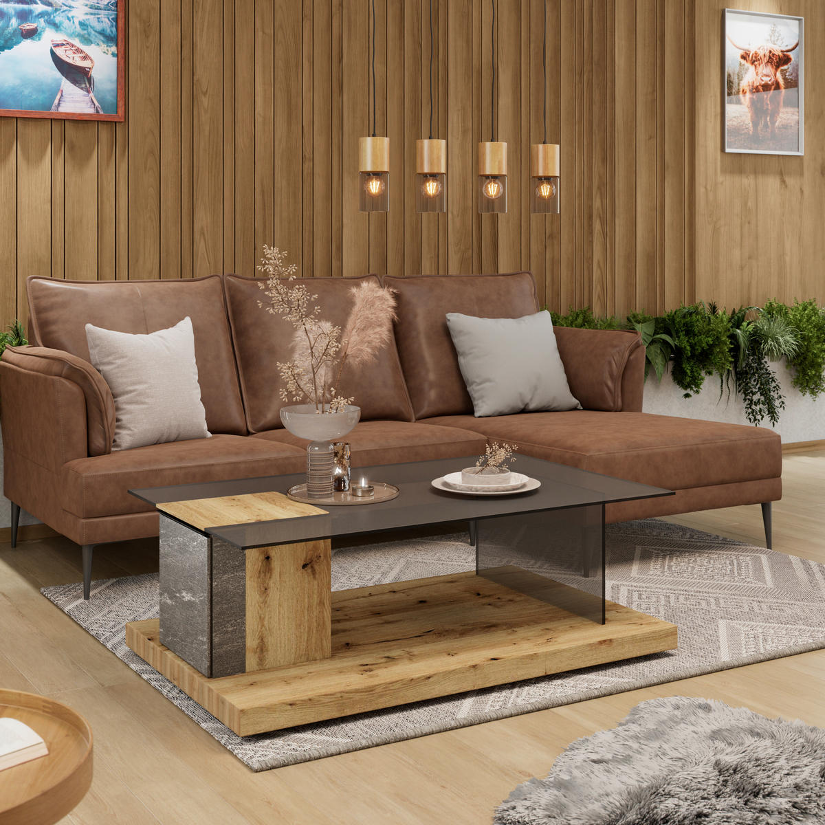 COUCHTISCH in Holz, Glas, Stein 120,6/75,6/42,3 cm  - Wildeiche/Graphitfarben, Design, Glas/Holz (120,6/75,6/42,3cm) - Voglauer