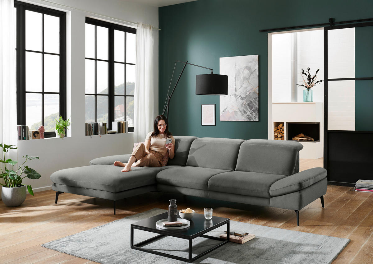 ECKSOFA in Chenille Grau  - Schwarz/Grau, Design, Textil/Metall (188/319cm) - Beldomo System