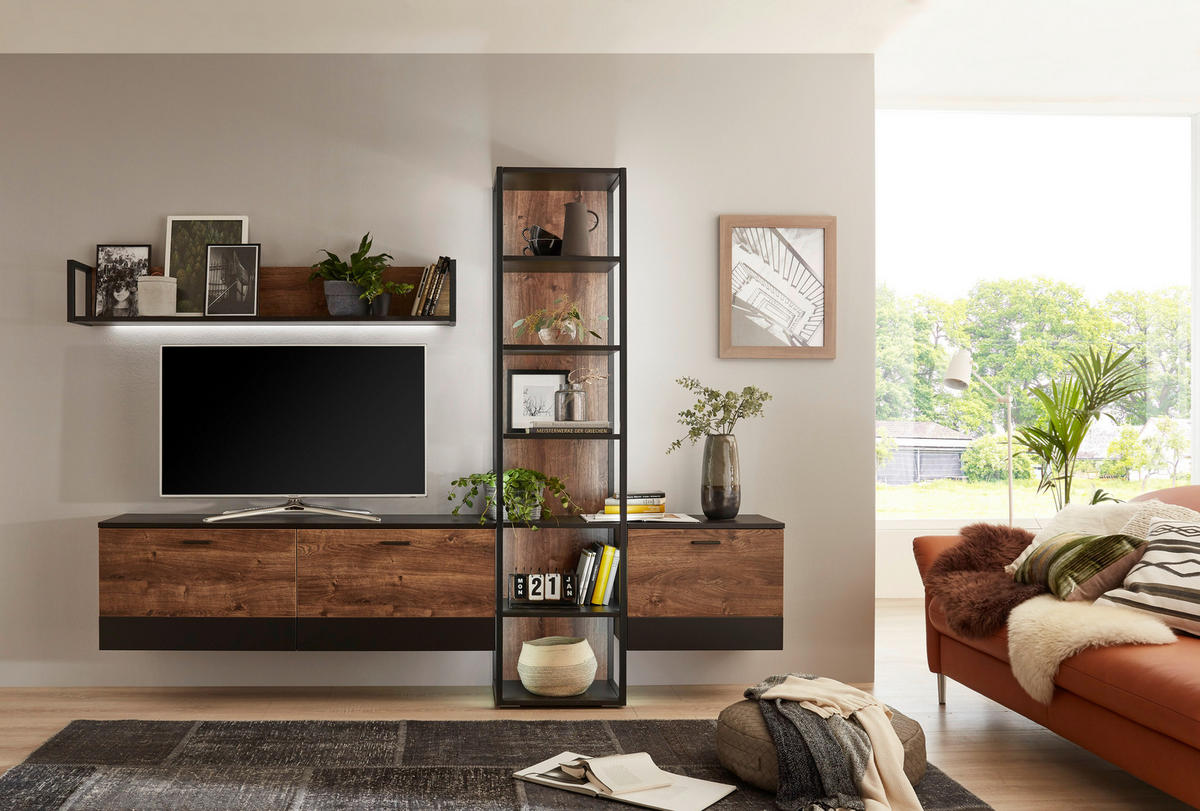 WOHNWAND  in Eichefarben, Dunkelgrau  279/204/37 cm  - Eichefarben/Dunkelgrau, KONVENTIONELL, Holzwerkstoff/Metall (279/204/37cm) - Cantus