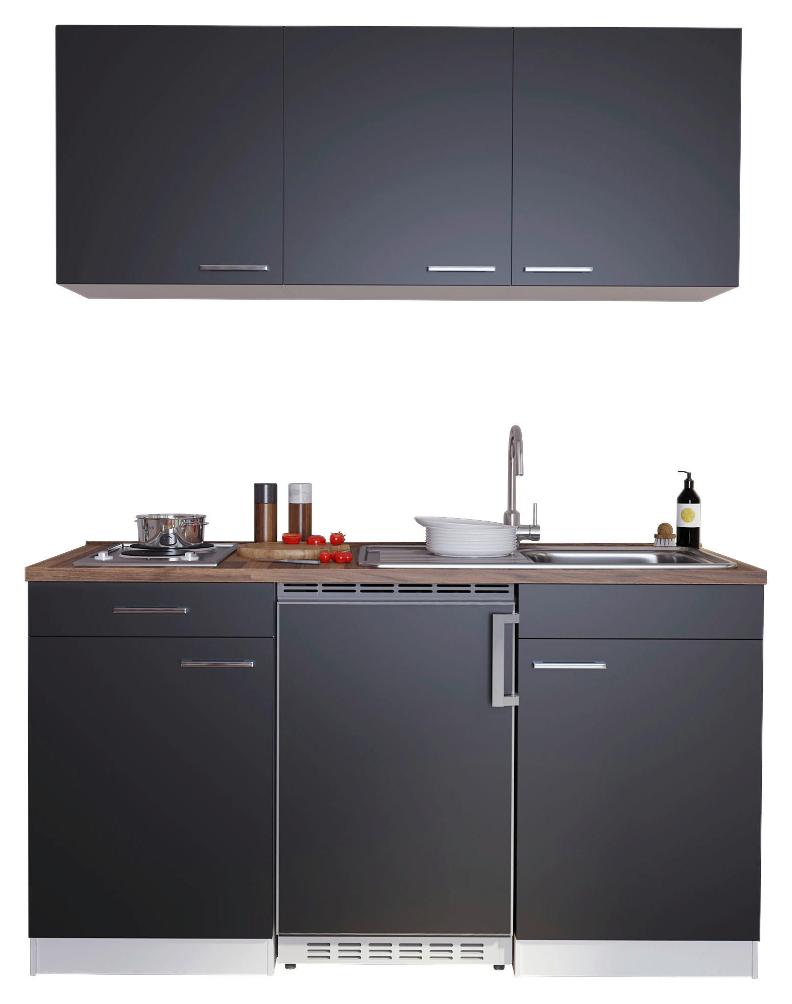 MINIKÜCHE 150 cm   in Schwarz  - Edelstahlfarben/Nussbaumfarben, Basics, Holzwerkstoff/Kunststoff (150cm) - Respekta