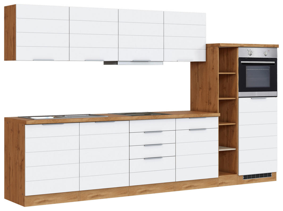 KÜCHENBLOCK 330 cm   in Weiß, Eiche Wotan  - Eiche Wotan/Weiß, Design, Holzwerkstoff/Metall (330cm) - Held