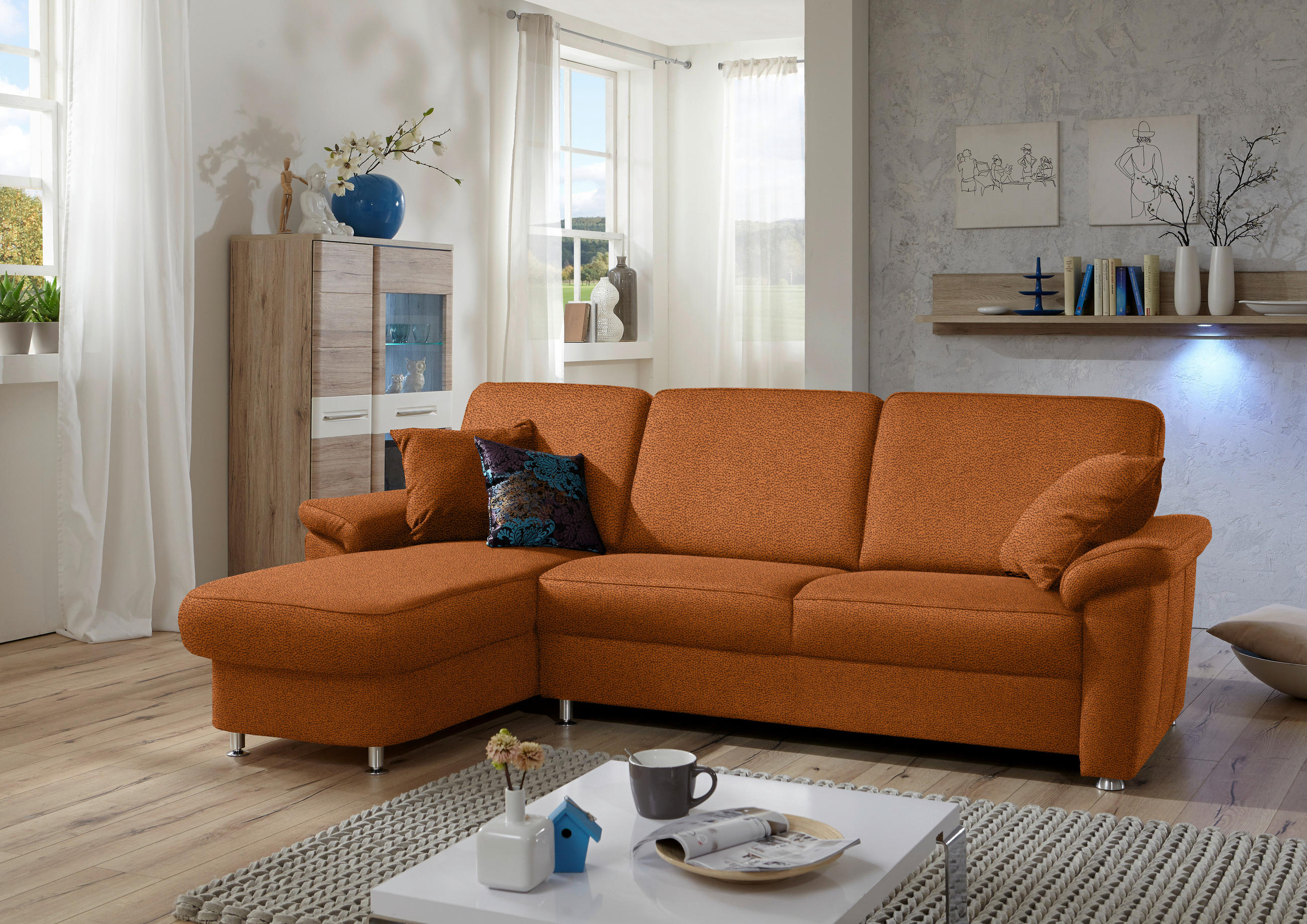 ECKSOFA in Flachgewebe Cognac  163/250 cm  - Chromfarben/Cognac, KONVENTIONELL, Textil/Metall (163/250cm) - Beldomo System