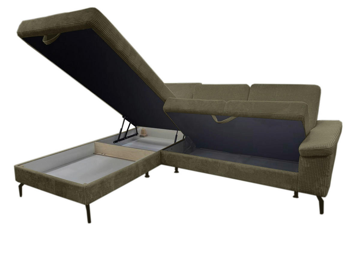 ECKSOFA Olivgrün Velours Bettkasten, Sitzvorzug  - Schwarz/Olivgrün, KONVENTIONELL, Textil/Metall (206/253cm) - Venda