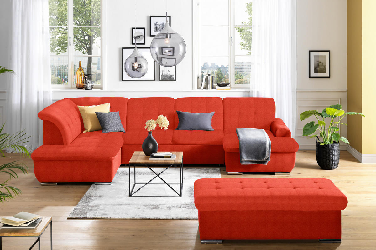 WOHNLANDSCHAFT in Flachgewebe Rot  - Silberfarben/Rot, Design, Textil/Metall (208/342/145cm) - Cantus