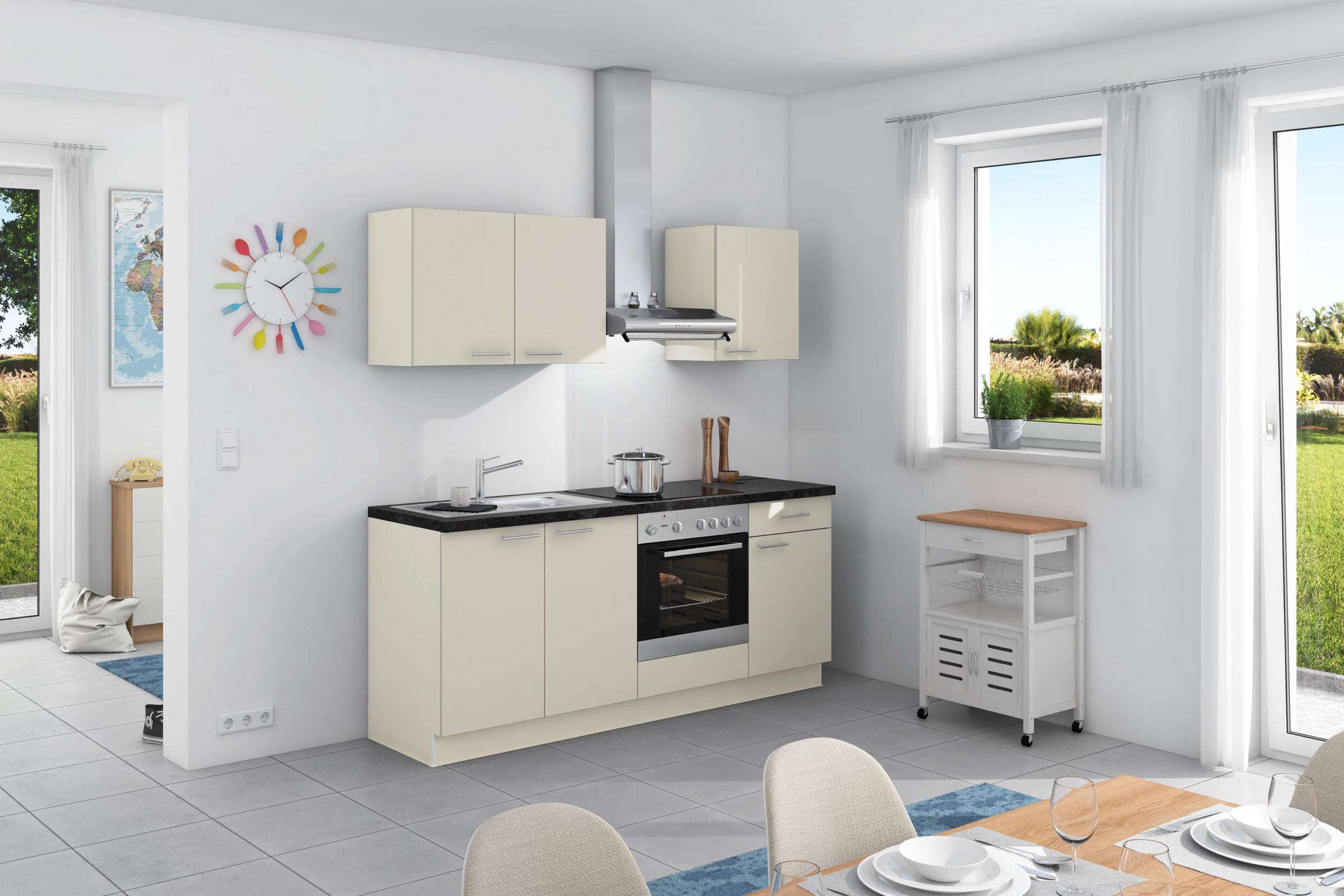 Küchenzeile Base ohne Geräte 200 cm Magnolia/Beton Dunkel