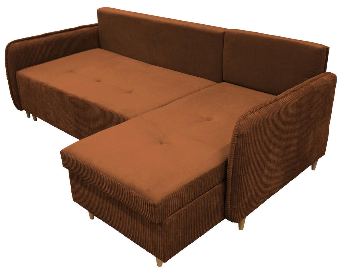 ECKSOFA TEDDY Rot Cord, Bouclé Zierkissen, Rückenkissen, Bettkasten  - Rot/Naturfarben, Design, Holz/Textil (215/142cm) - MID.YOU