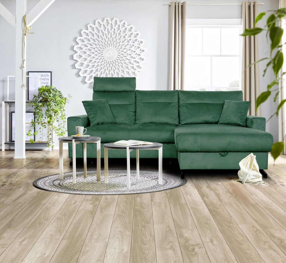 ECKSOFA in Velours Grün  - Schwarz/Grün, Design, Kunststoff/Textil (232/156cm) - Livetastic
