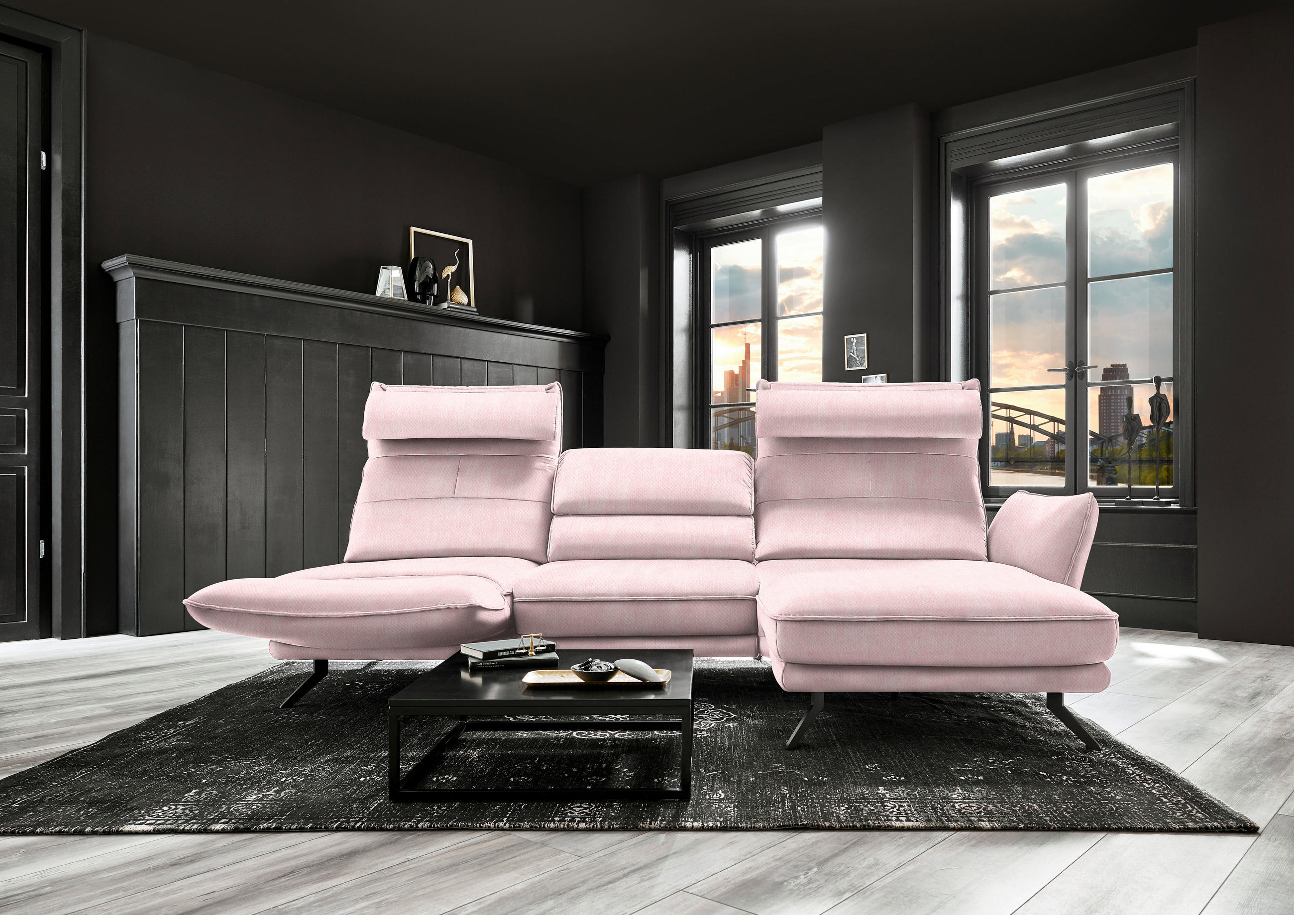 ECKSOFA in Velours Hellrosa  - Hellrosa/Schwarz, Design, Textil/Metall (283/153cm) - Valdera