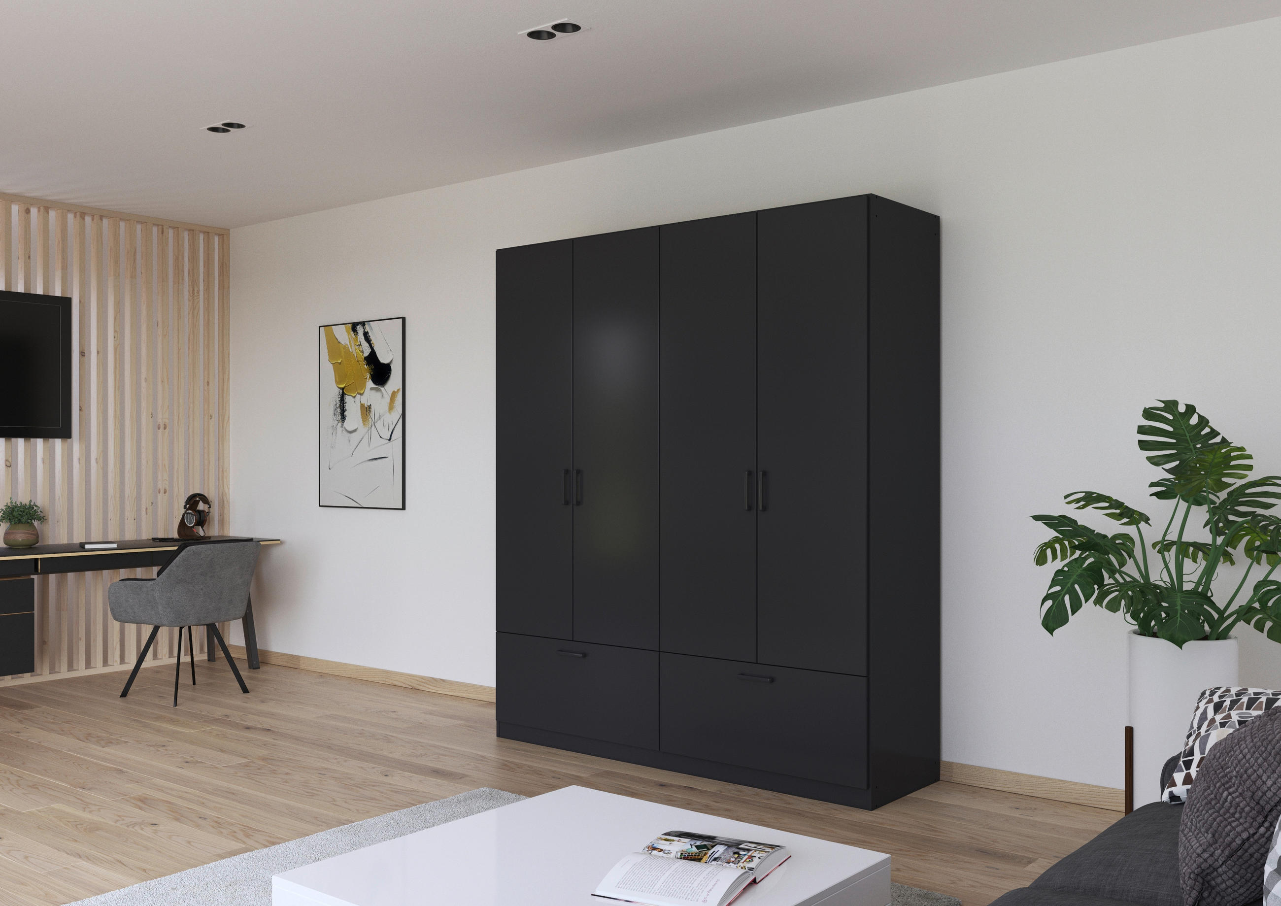 Thumbnail - Rauch Möbel Kleiderschrank, Grau, Metall, 4 Fächer, 2 Schubladen, 181x210x54 cm, Blauer Engel, Goldenes M, Made in Germa...