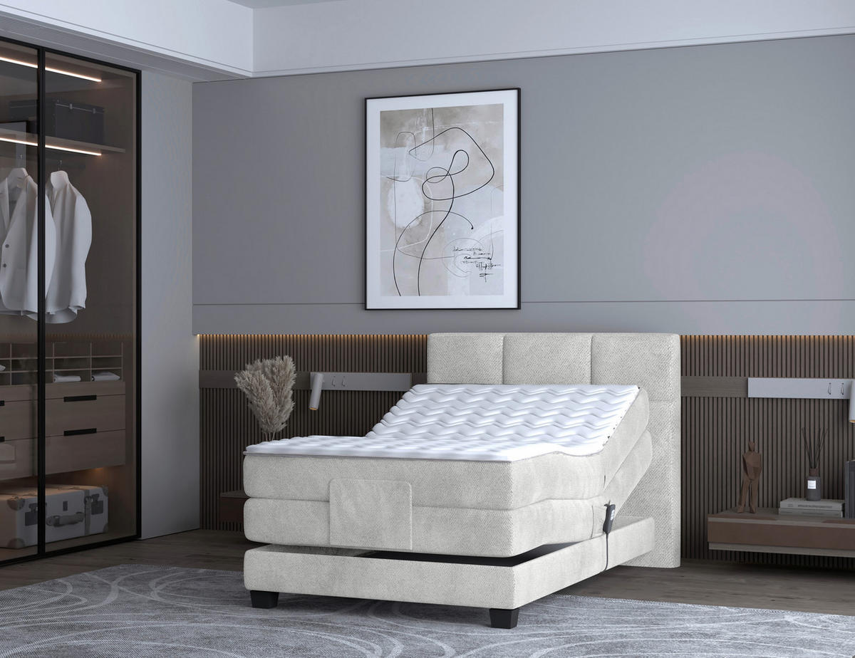 BOXSPRINGBETT 120/200 cm,  in Creme, Matratze, Topper, motorische Verstellbarkeit, Fernbedienung, H3 = fest  - Creme/Schwarz, KONVENTIONELL, Holz/Kunststoff (120/200cm) - Chameo
