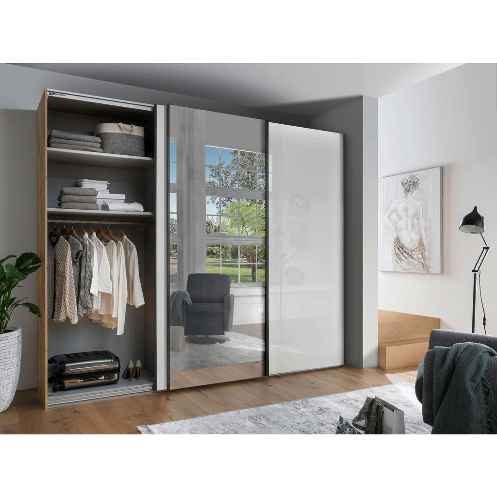Thumbnail - Dieter Knoll Schwebetürenschrank, Weiß, Eiche Bianco, Metall, 6 Fächer, 300x217x67 cm, ISO 9001, Goldenes M, Made in Ger...