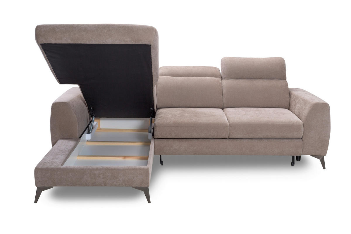 ECKSOFA MUENSTER Beige Chenille Bettkasten, Schlaffunktion, Kopfteilverstellung, Liegefläche im Originalstoff  - Beige/Schwarz, Basics, Textil/Metall (191/264cm) - Livetastic