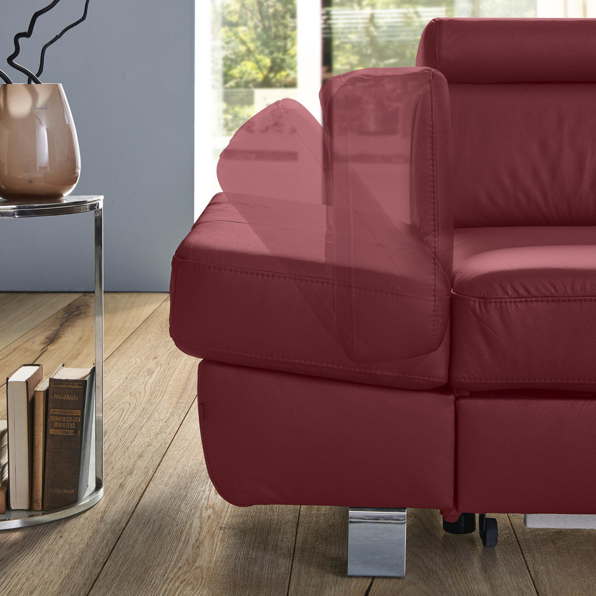 Ecksofa inkl. Funktion Bordeaux Kombination Echtleder/Lederlook Lederlook  - Chromfarben/Bordeaux, Design, Leder/Textil (212/256cm) - Stylife