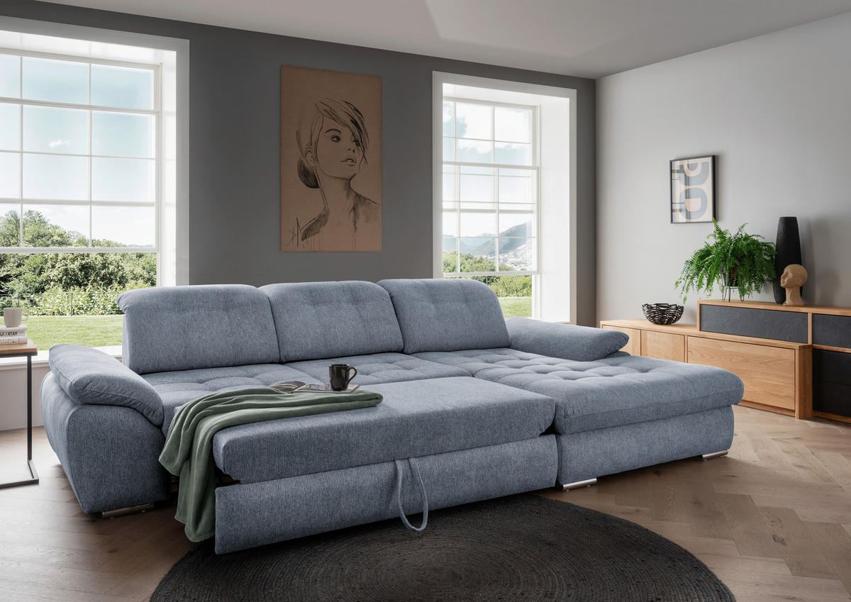 ECKSOFA in Chenille Hellblau  - Chromfarben/Anthrazit, Modern, Textil/Metall (314/184cm) - Livetastic