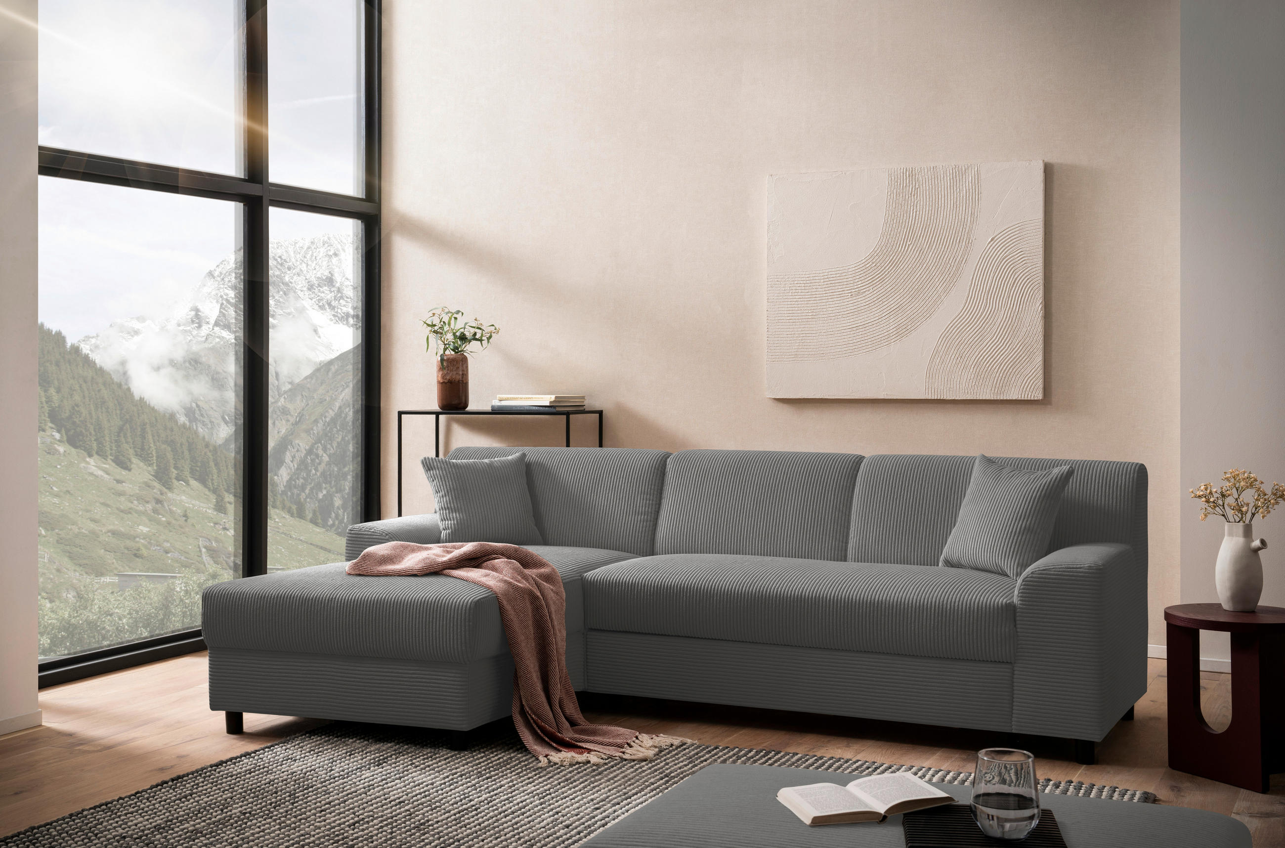 ECKSOFA CAPRI 2 Grau Cord Zierkissen, Rückenkissen  - Schwarz/Grau, Basics, Kunststoff/Textil (146/241cm) - MID.YOU