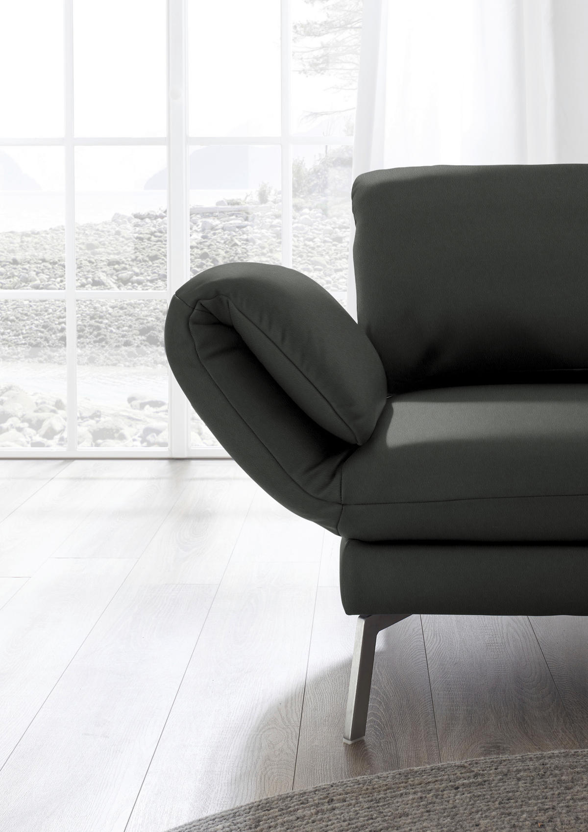 RÉCAMIERE in Echtleder Dunkelgrau  - Chromfarben/Dunkelgrau, Design, Leder/Metall (209/85-109/95-16cm) - Dieter Knoll