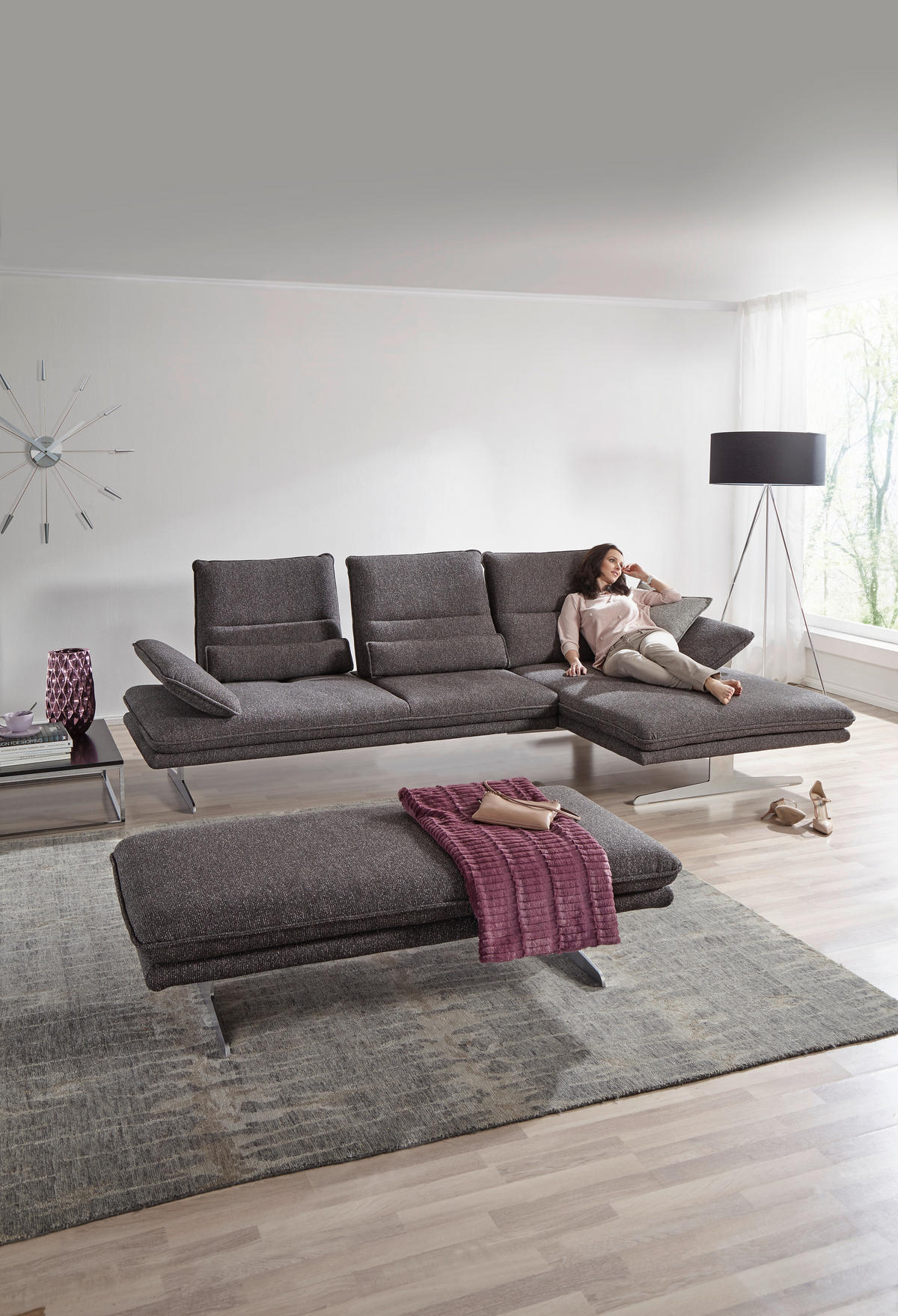 ECKSOFA in Webstoff Anthrazit  - Chromfarben/Anthrazit, Design, Textil/Metall (291/164cm) - Chilliano