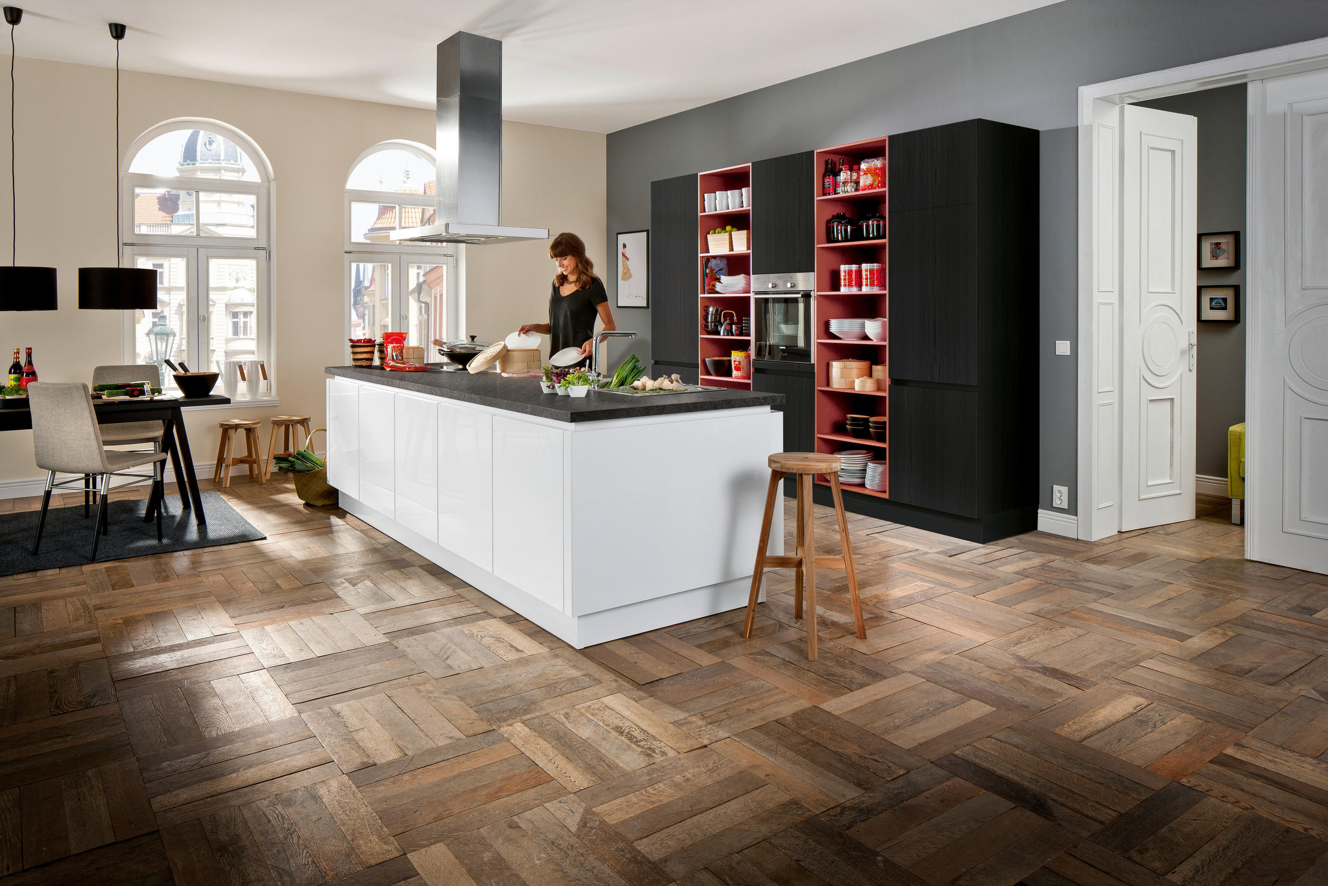EINBAUKÜCHE ULTRA GLISS  - Rot/Schwarz, Design, Holzwerkstoff - Novel